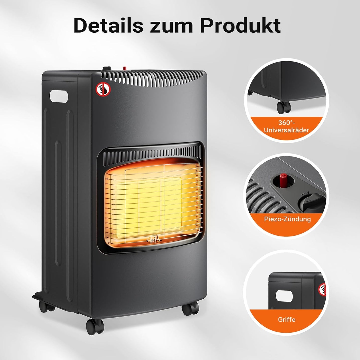 Portable gas heater 4.2 kW, gas heater 42 x 45 x 75.7 cm, indoor heater with tip-over protection, ODS (Oxygen Depletion System) and wheels, gas heater compatible with a 13 kg gas cylinder