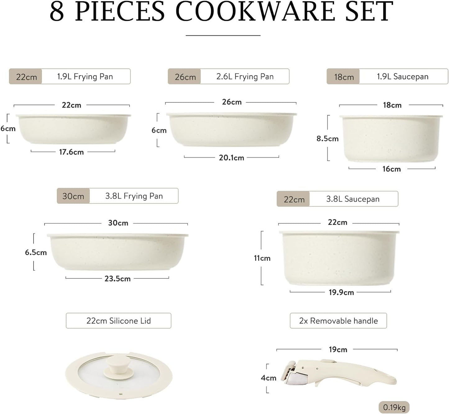 Pan Set with Removable Handles, 8-Piece Pan Set 22/26/30 cm, Saucepan 18/22 cm, Non-Stick Coating, Stackable Pot Pan Set for All Types of Cookers, Induction, Oven-Safe
