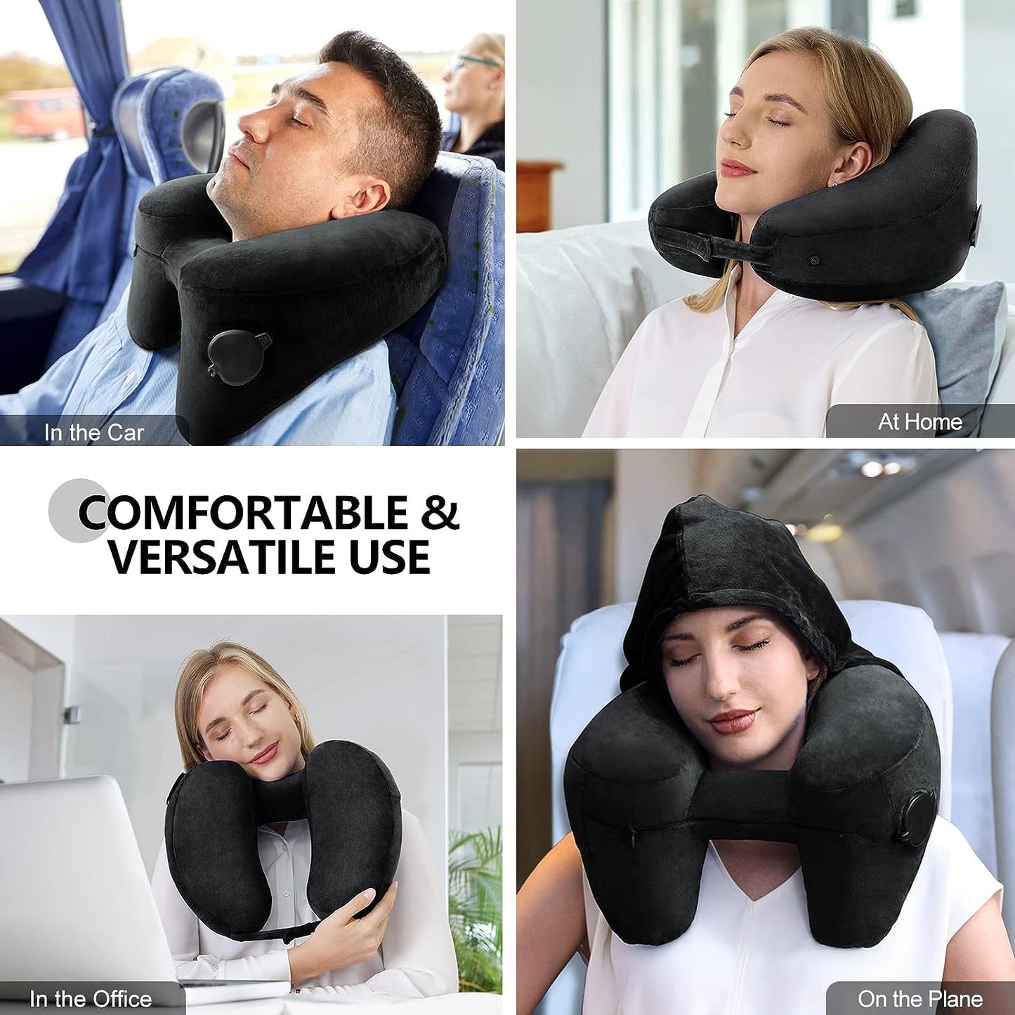 Inflatable Neck Pillow for Airplane Travel with Hoodie, Portable Neck Support for Long Haul Flights Sleeping Napping, with Soft Velour Cover Hat, Travelling Sleep Essentials for Plane Car Train