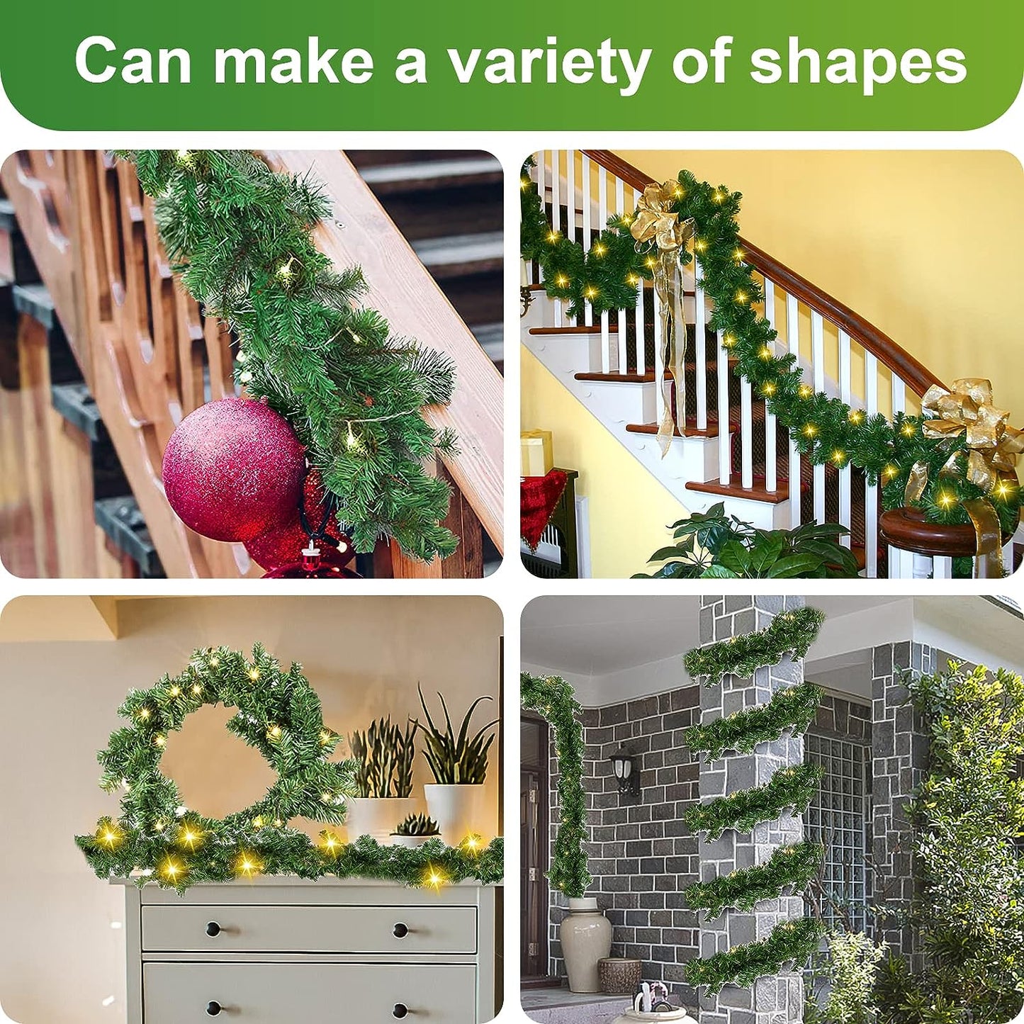 Goluckyin 5m Christmas Garland, Artificial Fir Tree Garland Green with 100 LEDs Warm White 8 Mode Fairy Lights, Christmas Wreath Christmas Decoration for Home Stairs Fireplace Front Door Indoor Outdoor