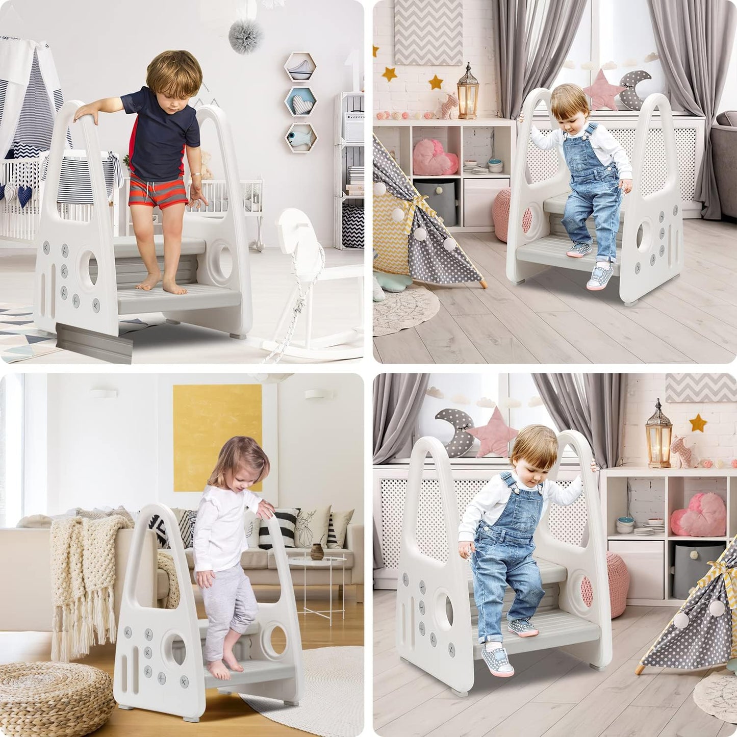 Goluckyin Step stool Two-step step stool for children from approx. 1 to approx. 8 years Children's stool With comfortable handrail Anti-slip stepladder learning tower for kitchen Non-slip