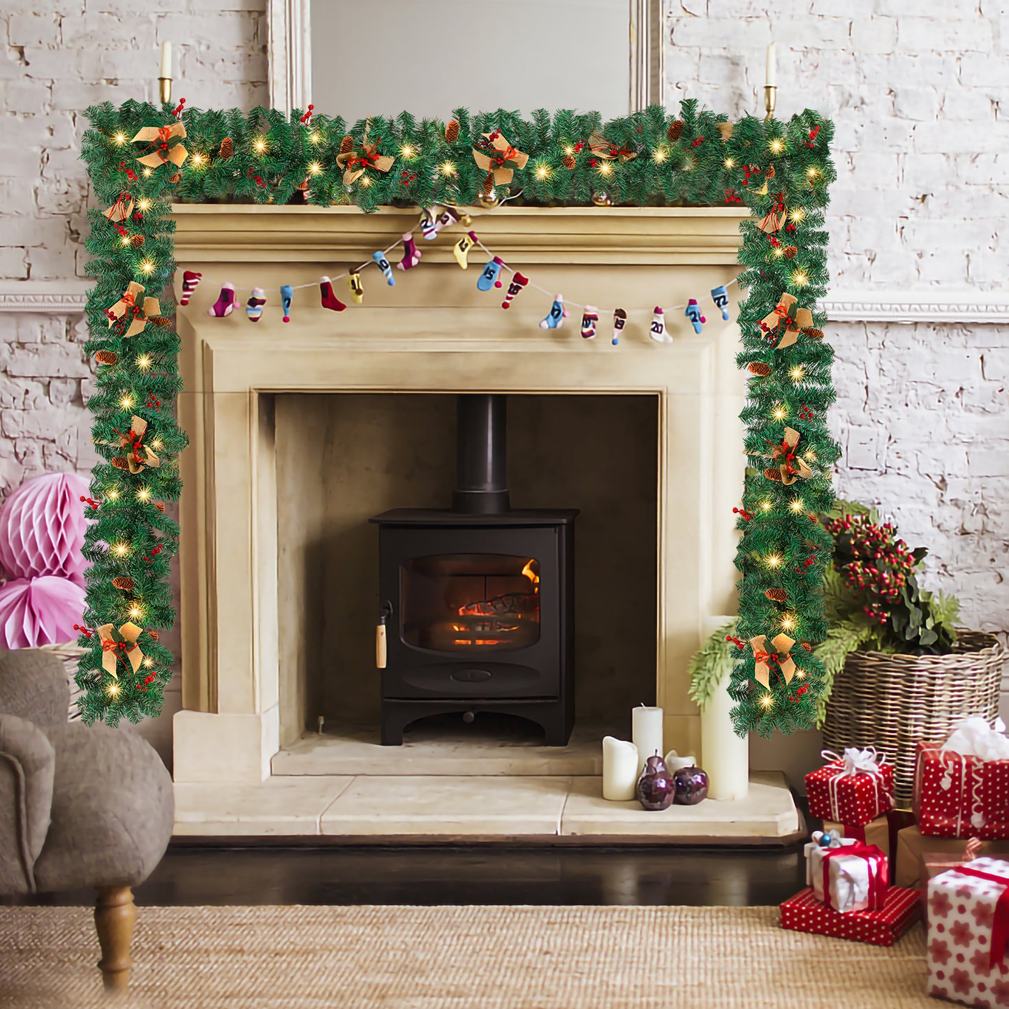 5m Christmas garland with lighting, fir garland artificial 100 LED warm white, IP44 Christmas wreath, garland Christmas decoration for Christmas