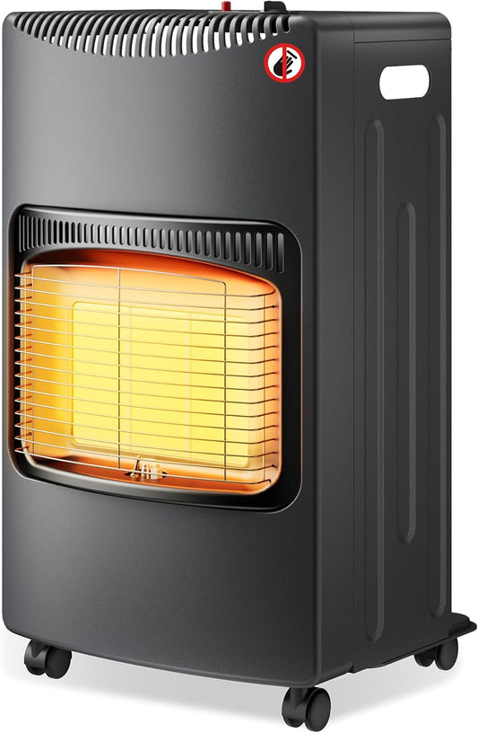 Portable gas heater 4.2 kW, gas heater 42 x 45 x 75.7 cm, indoor heater with tip-over protection, ODS (Oxygen Depletion System) and wheels, gas heater compatible with a 13 kg gas cylinder