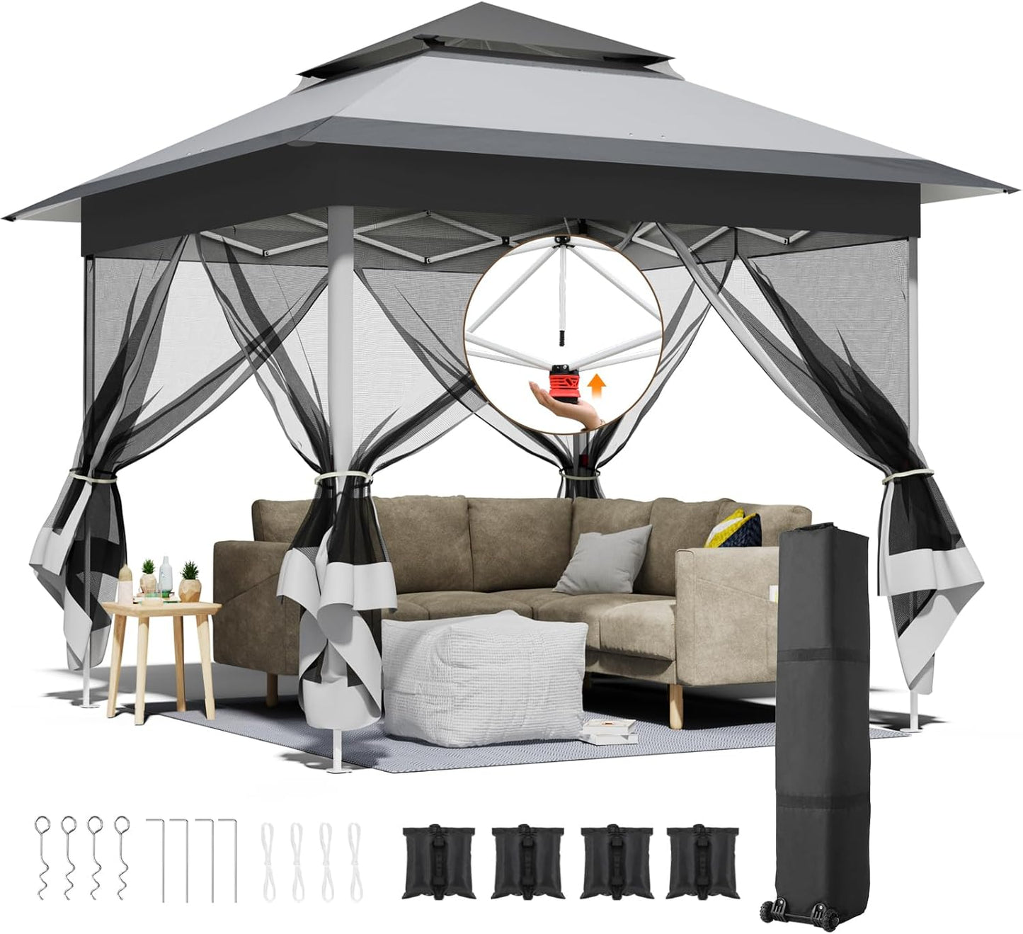 3.3x3.3m Gazebo with 4 Mosquito Net Sidewalls, One-Push Folding Gazebo, Waterproof and Stable, Double Roof Party Tent with UV Protection 50+, Garden Gazebo with 4 Sandbags, for Patio/Market/Camping, Grey White