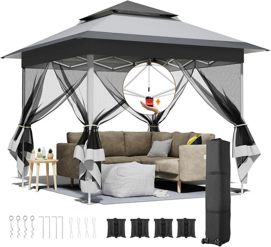 3.3x3.3m Gazebo with 4 Mosquito Net Sidewalls, One-Push Folding Gazebo, Waterproof and Stable, Double Roof Party Tent with UV Protection 50+, Garden Gazebo with 4 Sandbags, for Patio/Market/Camping, Grey White