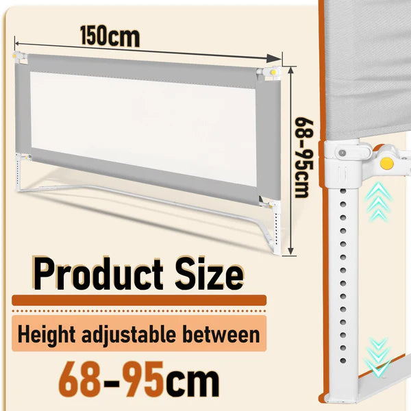 Bed Rail Fall Protection, Foldable Bed Guard Rail with U-Shaped Feet, Children's Bed Rail Height Adjustable from 68-95 cm, Baby Bed Rail with Airy Mesh, Easy to Install