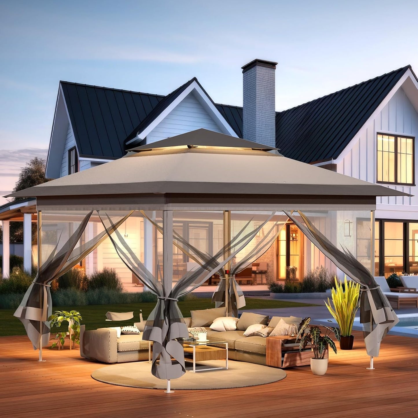 3.3x3.3m Gazebo with 4 Mosquito Net Sidewalls, One-Push Folding Gazebo, Waterproof and Stable, Double Roof Party Tent with UV Protection 50+, Garden Gazebo with 4 Sandbags, for Patio/Market/Camping, Grey White