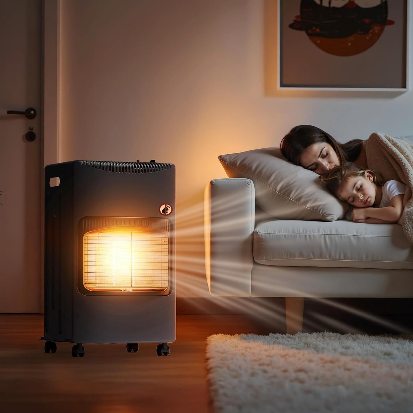 Portable gas heater 4.2 kW, gas heater 42 x 45 x 75.7 cm, indoor heater with tip-over protection, ODS (Oxygen Depletion System) and wheels, gas heater compatible with a 13 kg gas cylinder