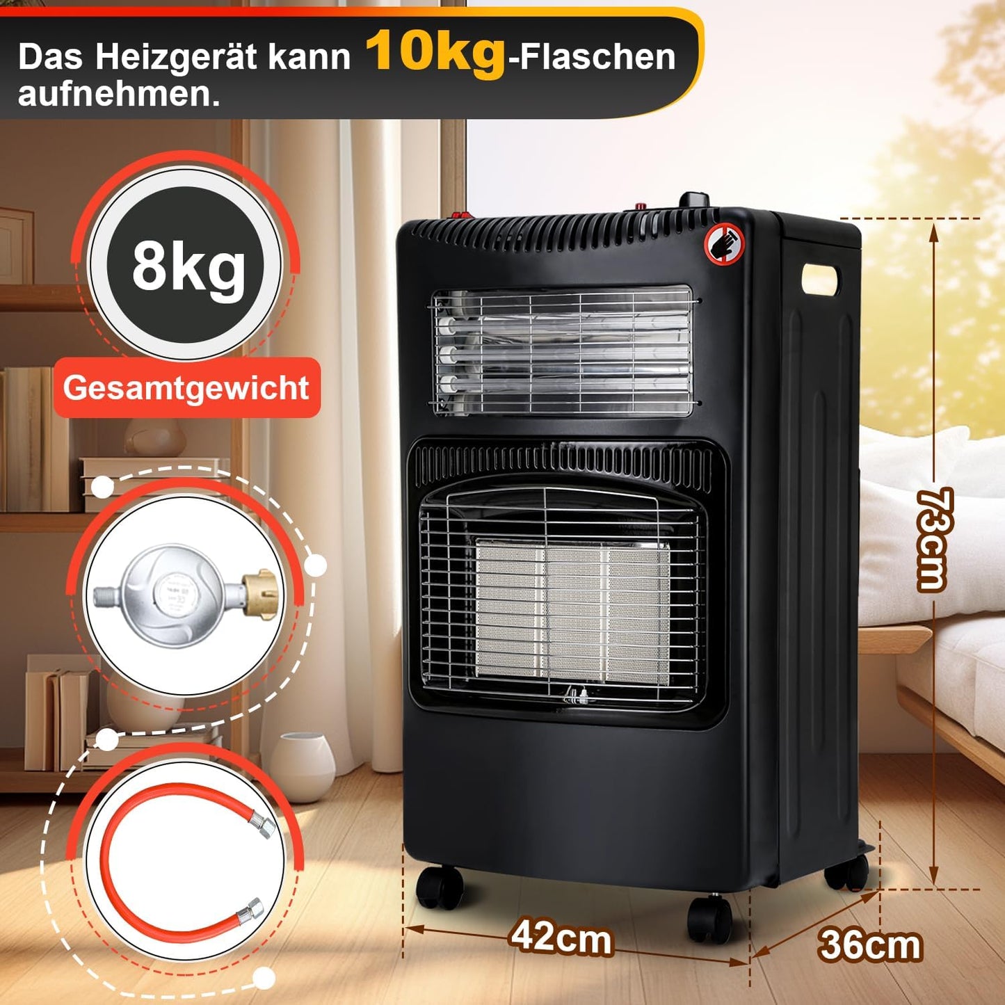 4.2 kW Gas Heater for Indoor Use, Gas Heater, Foldable Gas Heater, Plug and Play Electric Gas Dual-Purpose Heater, Infrared Radiant Heater, 306 g/h Gas Consumption [Energy Class A]
