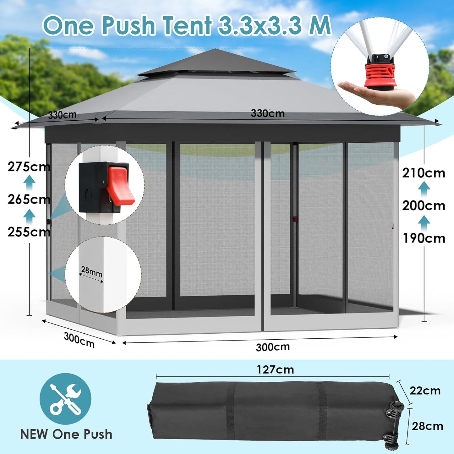 3.3x3.3m Gazebo with 4 Mosquito Net Sidewalls, One-Push Folding Gazebo, Waterproof and Stable, Double Roof Party Tent with UV Protection 50+, Garden Gazebo with 4 Sandbags, for Patio/Market/Camping, Grey White