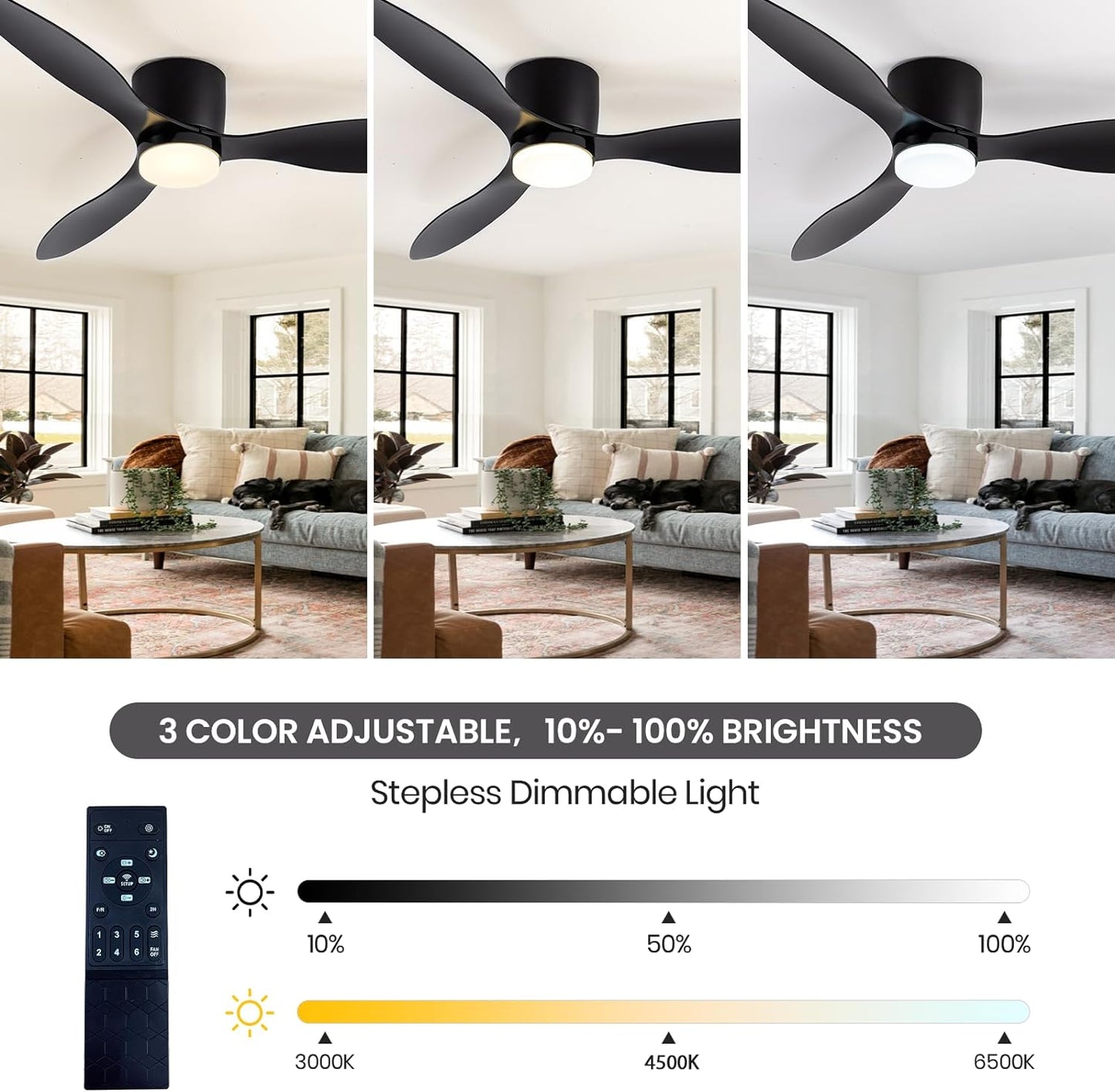 Ceiling Fans with Lights and Remote Control, Quiet DC Motor Ceiling Fan with Lamps, 106cm Ceiling Fan with LED Lighting with Timer, 6 Speeds for Bedroom, Living Room, Kitchen (Black)