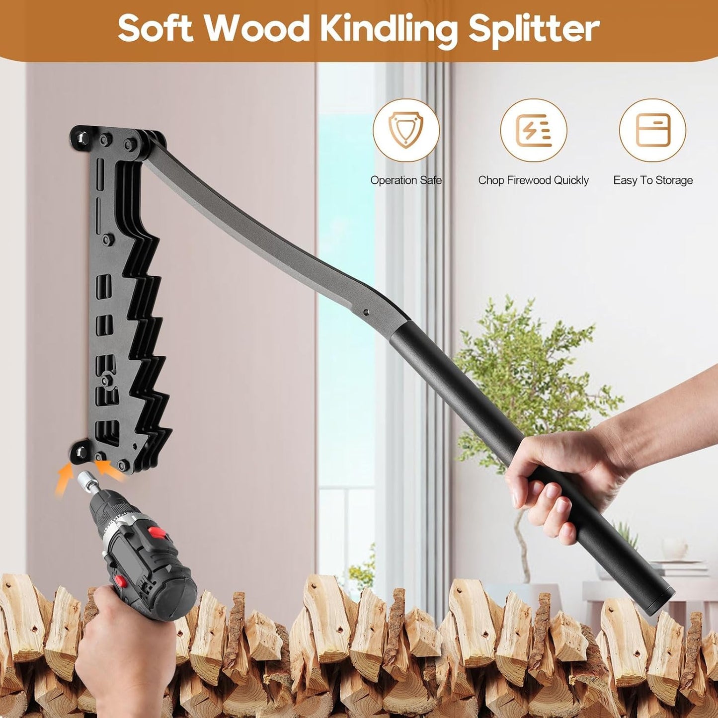 Wood Splitter – Manual Kindling Splitter, Hand-Operated Firewood Chopper with Wall Mount for Softwood, Kindling Axe with Extension Handle – Indoor & Outdoor Use