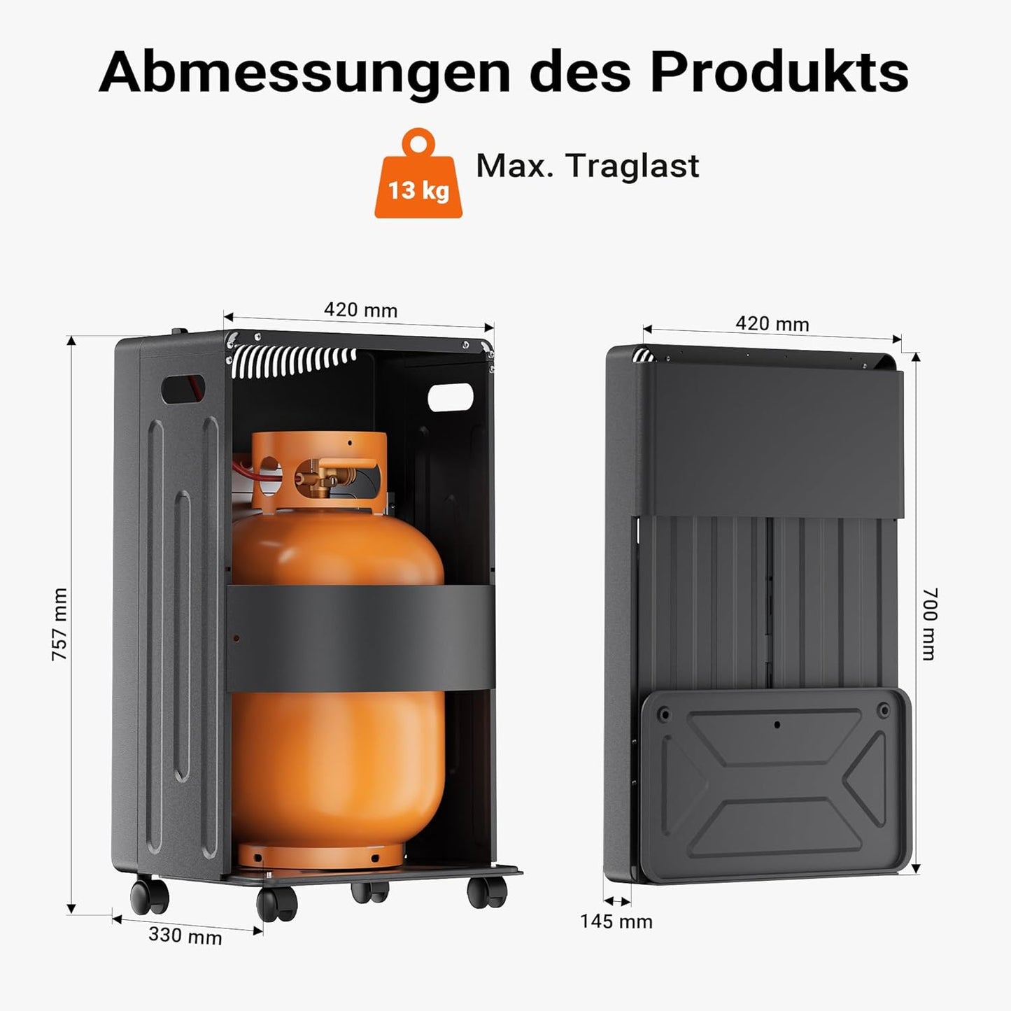 Portable gas heater 4.2 kW, gas heater 42 x 45 x 75.7 cm, indoor heater with tip-over protection, ODS (Oxygen Depletion System) and wheels, gas heater compatible with a 13 kg gas cylinder