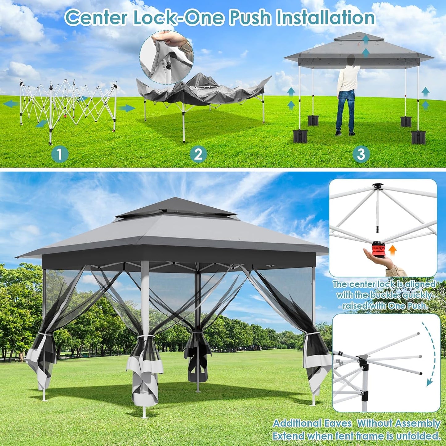 3.3x3.3m Gazebo with 4 Mosquito Net Sidewalls, One-Push Folding Gazebo, Waterproof and Stable, Double Roof Party Tent with UV Protection 50+, Garden Gazebo with 4 Sandbags, for Patio/Market/Camping, Grey White