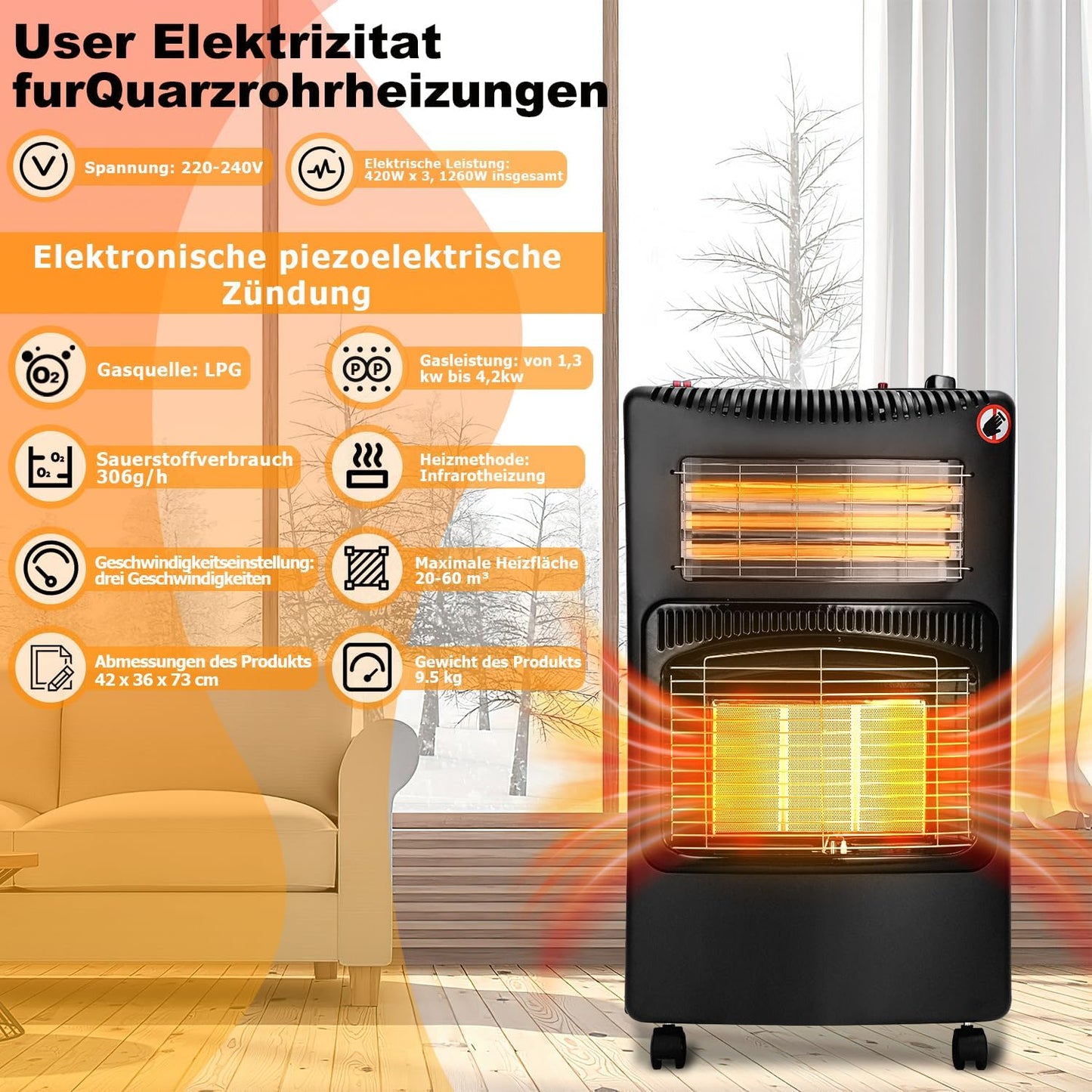 4.2 kW Gas Heater for Indoor Use, Gas Heater, Foldable Gas Heater, Plug and Play Electric Gas Dual-Purpose Heater, Infrared Radiant Heater, 306 g/h Gas Consumption [Energy Class A]