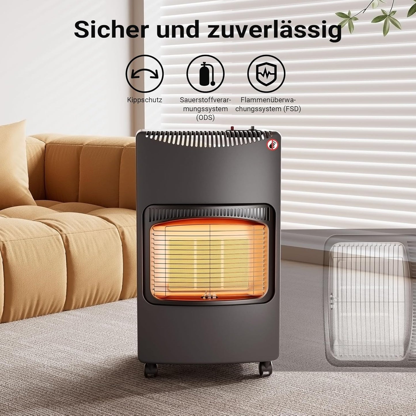 Portable gas heater 4.2 kW, gas heater 42 x 45 x 75.7 cm, indoor heater with tip-over protection, ODS (Oxygen Depletion System) and wheels, gas heater compatible with a 13 kg gas cylinder