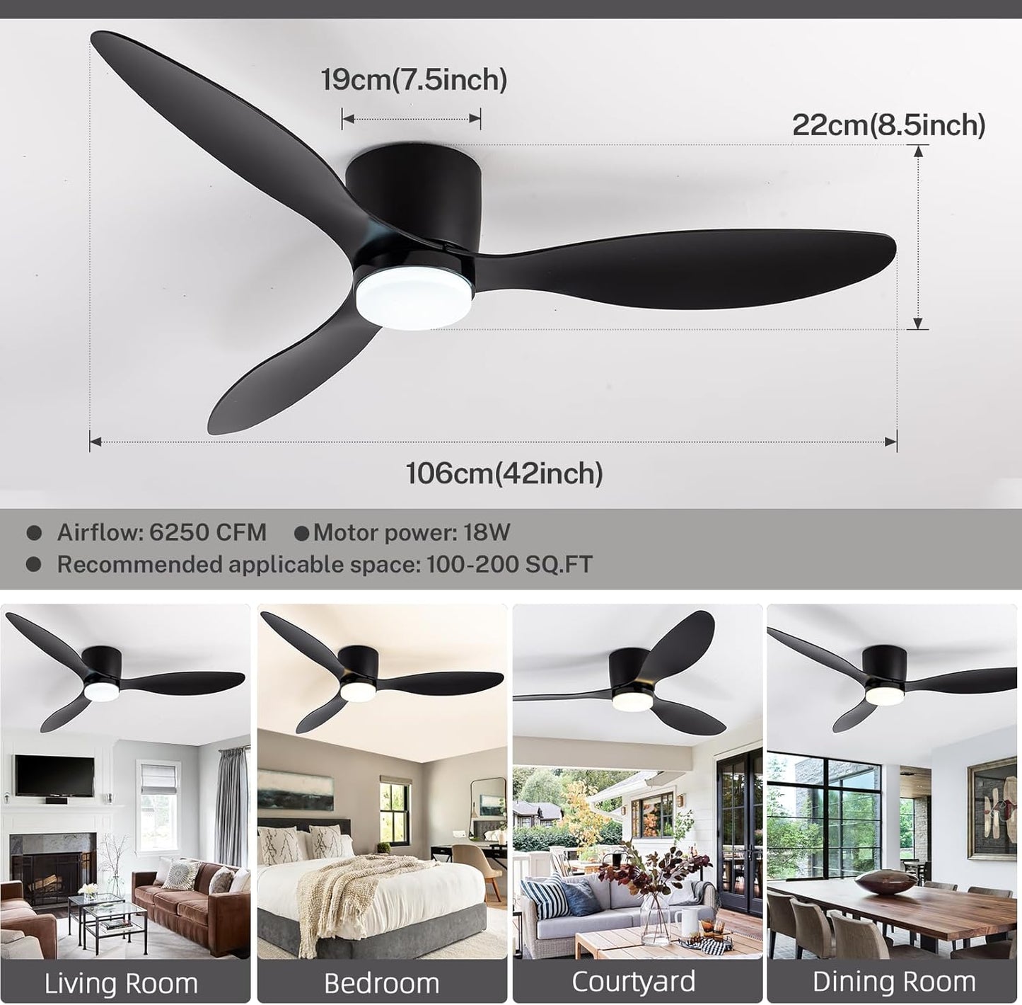 Ceiling Fans with Lights and Remote Control, Quiet DC Motor Ceiling Fan with Lamps, 106cm Ceiling Fan with LED Lighting with Timer, 6 Speeds for Bedroom, Living Room, Kitchen (Black)