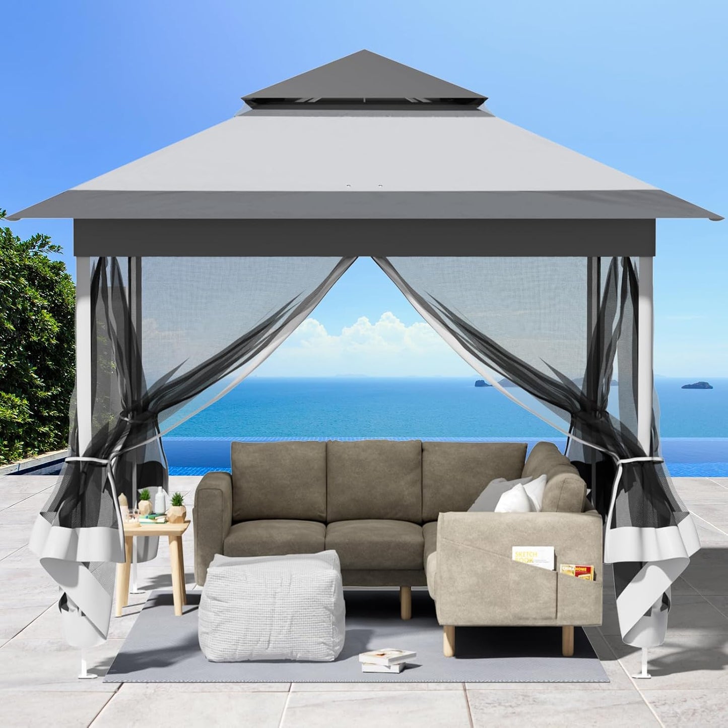 3.3x3.3m Gazebo with 4 Mosquito Net Sidewalls, One-Push Folding Gazebo, Waterproof and Stable, Double Roof Party Tent with UV Protection 50+, Garden Gazebo with 4 Sandbags, for Patio/Market/Camping, Grey White