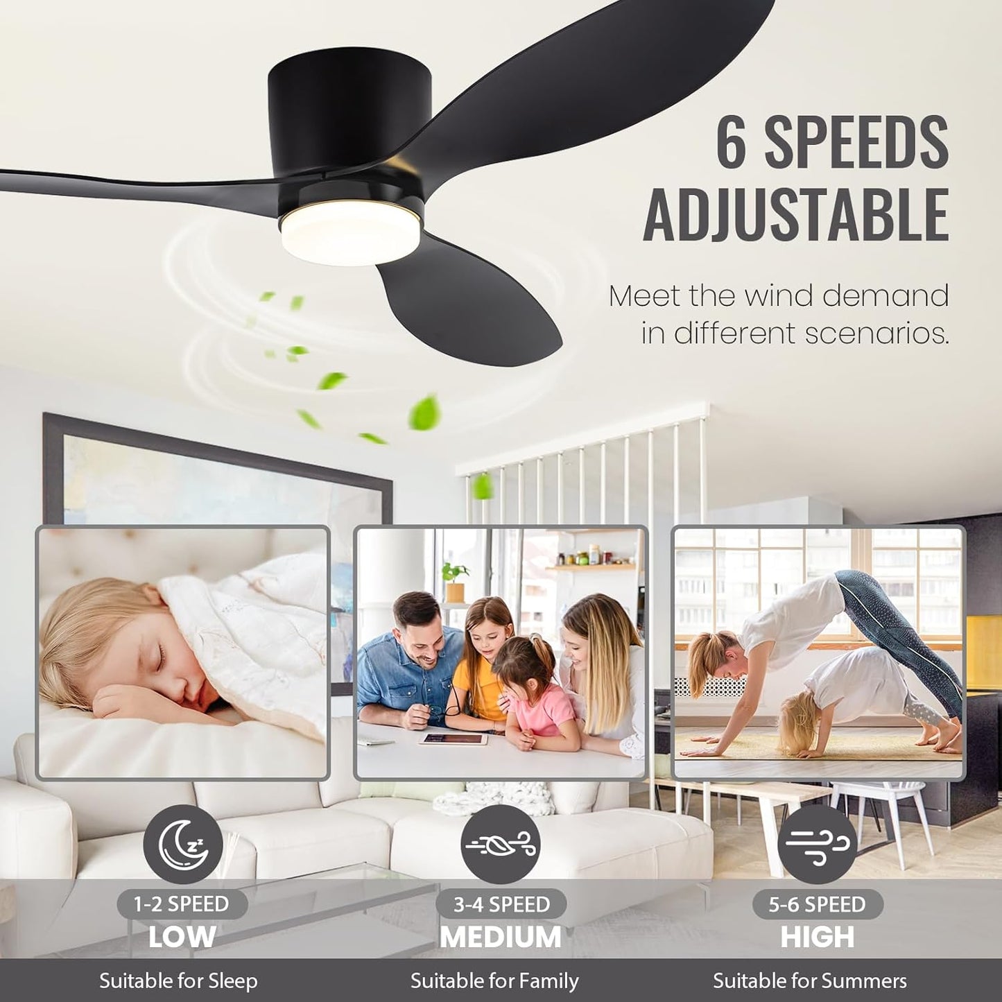 Ceiling Fans with Lights and Remote Control, Quiet DC Motor Ceiling Fan with Lamps, 106cm Ceiling Fan with LED Lighting with Timer, 6 Speeds for Bedroom, Living Room, Kitchen (Black)