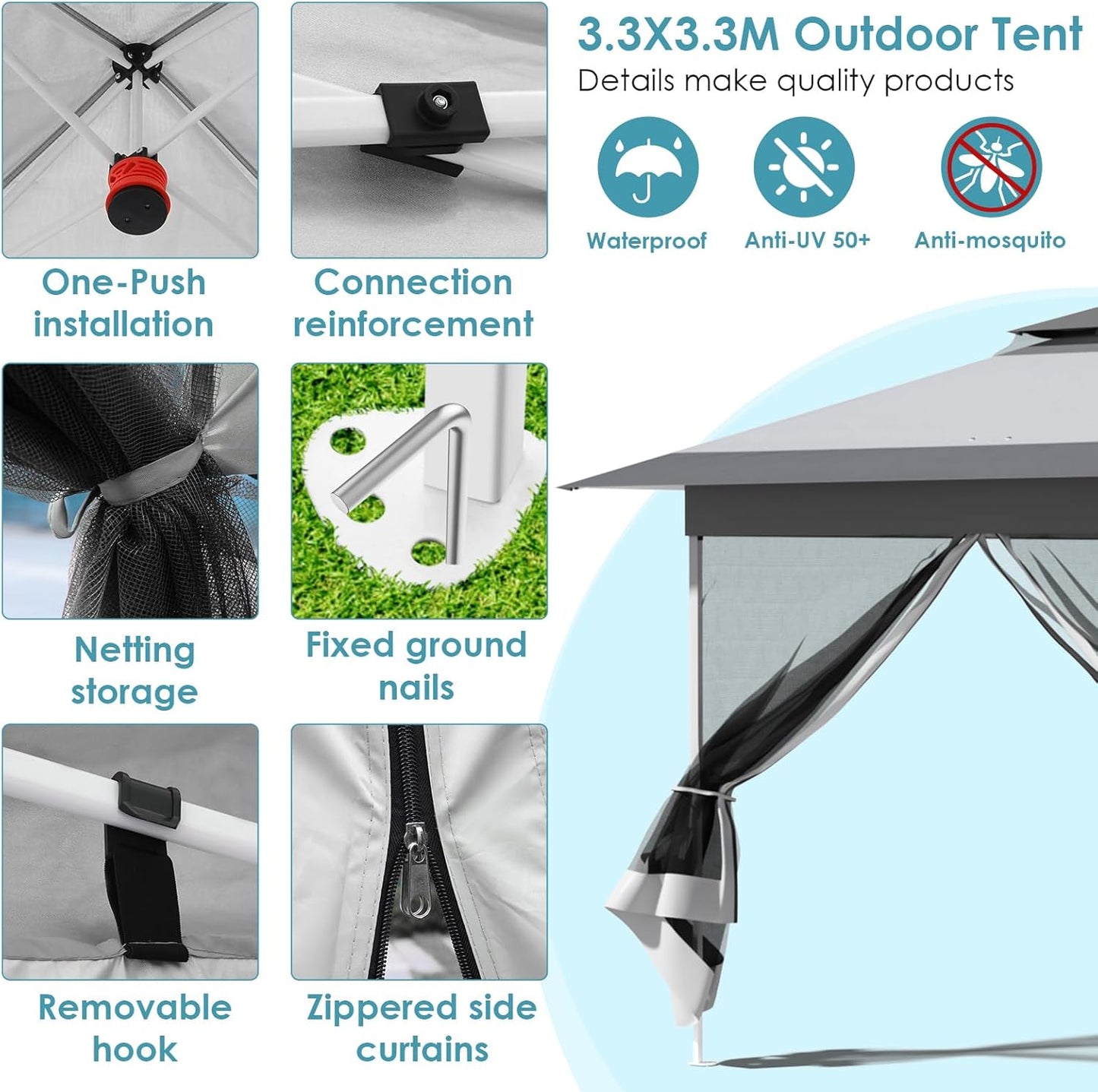 3.3x3.3m Gazebo with 4 Mosquito Net Sidewalls, One-Push Folding Gazebo, Waterproof and Stable, Double Roof Party Tent with UV Protection 50+, Garden Gazebo with 4 Sandbags, for Patio/Market/Camping, Grey White