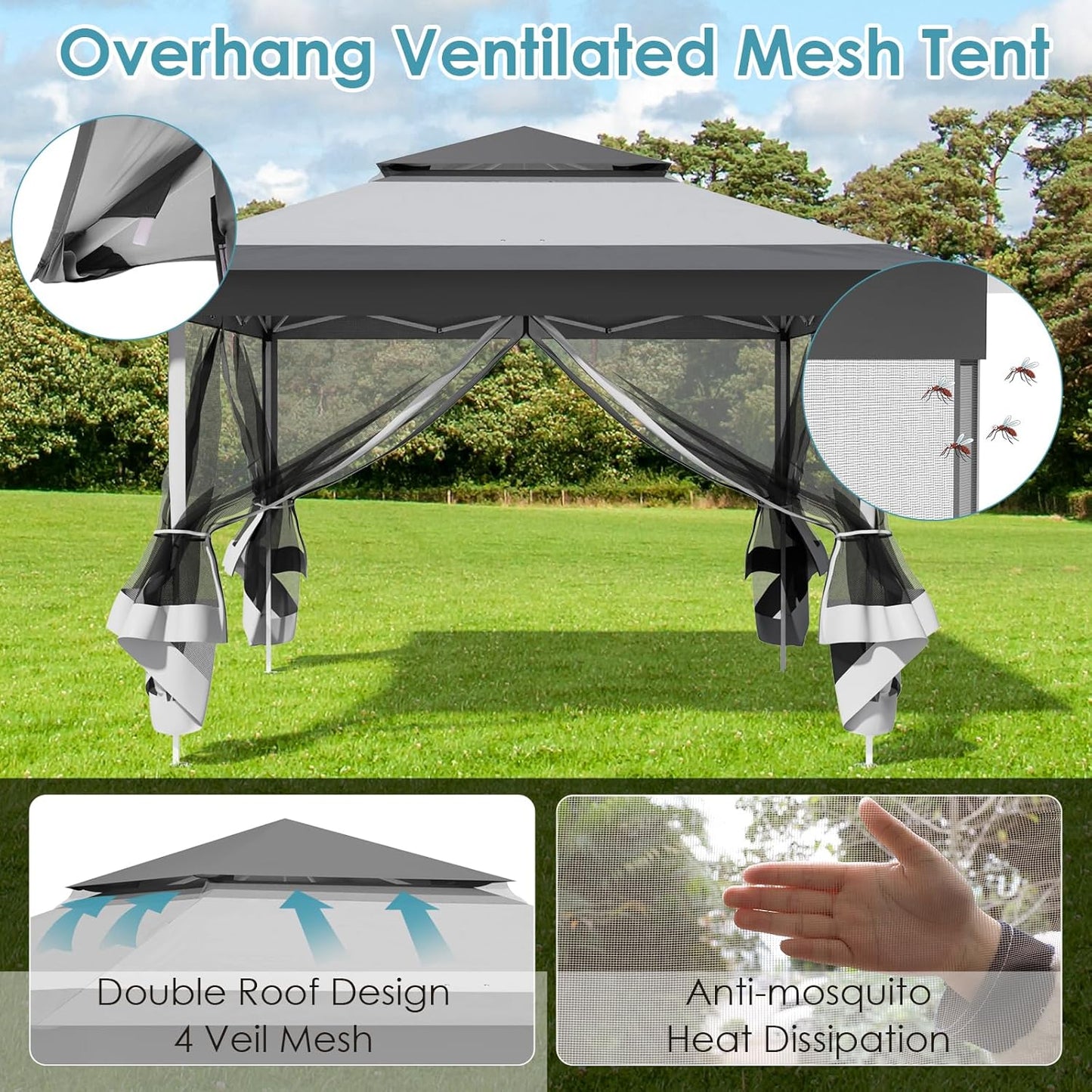 3.3x3.3m Gazebo with 4 Mosquito Net Sidewalls, One-Push Folding Gazebo, Waterproof and Stable, Double Roof Party Tent with UV Protection 50+, Garden Gazebo with 4 Sandbags, for Patio/Market/Camping, Grey White