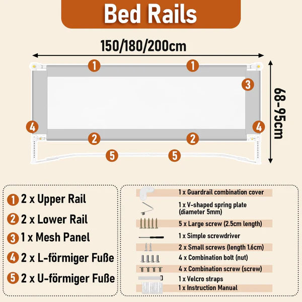 Bed Rail Fall Protection, Foldable Bed Guard Rail with U-Shaped Feet, Children's Bed Rail Height Adjustable from 68-95 cm, Baby Bed Rail with Airy Mesh, Easy to Install
