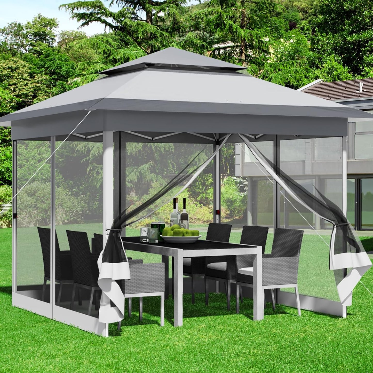 3.3x3.3m Gazebo with 4 Mosquito Net Sidewalls, One-Push Folding Gazebo, Waterproof and Stable, Double Roof Party Tent with UV Protection 50+, Garden Gazebo with 4 Sandbags, for Patio/Market/Camping, Grey White