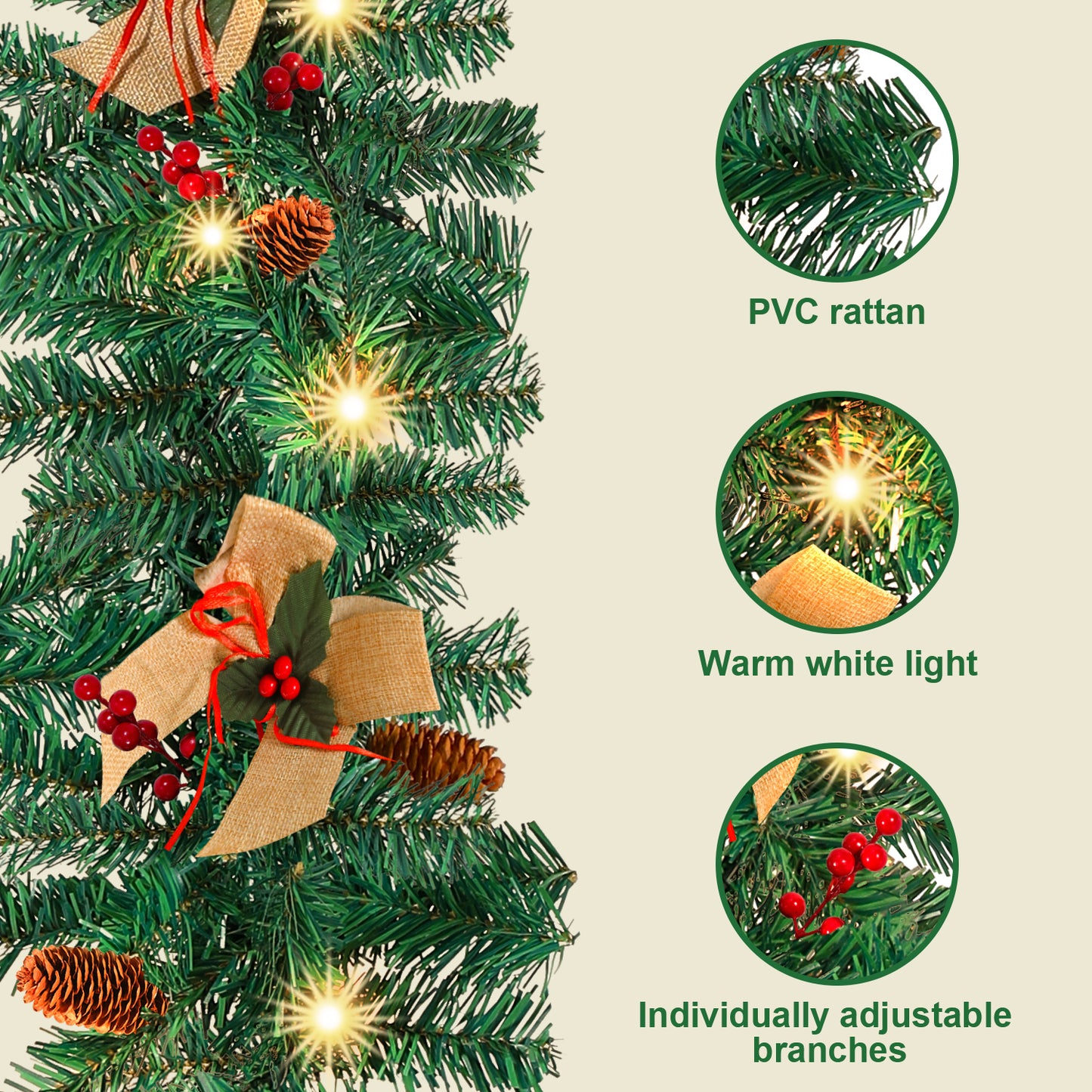 5m Christmas garland with lighting, fir garland artificial 100 LED warm white, IP44 Christmas wreath, garland Christmas decoration for Christmas