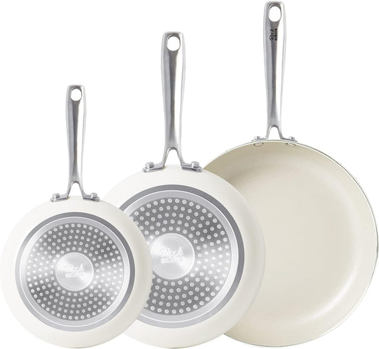 Ceramic pan set, 3-piece non-stick frying pans 20/26/30 cm for all types of stoves, ceramic pan PTFE-free PFAS-free PFOA-free, suitable for induction, dishwasher safe (beige)