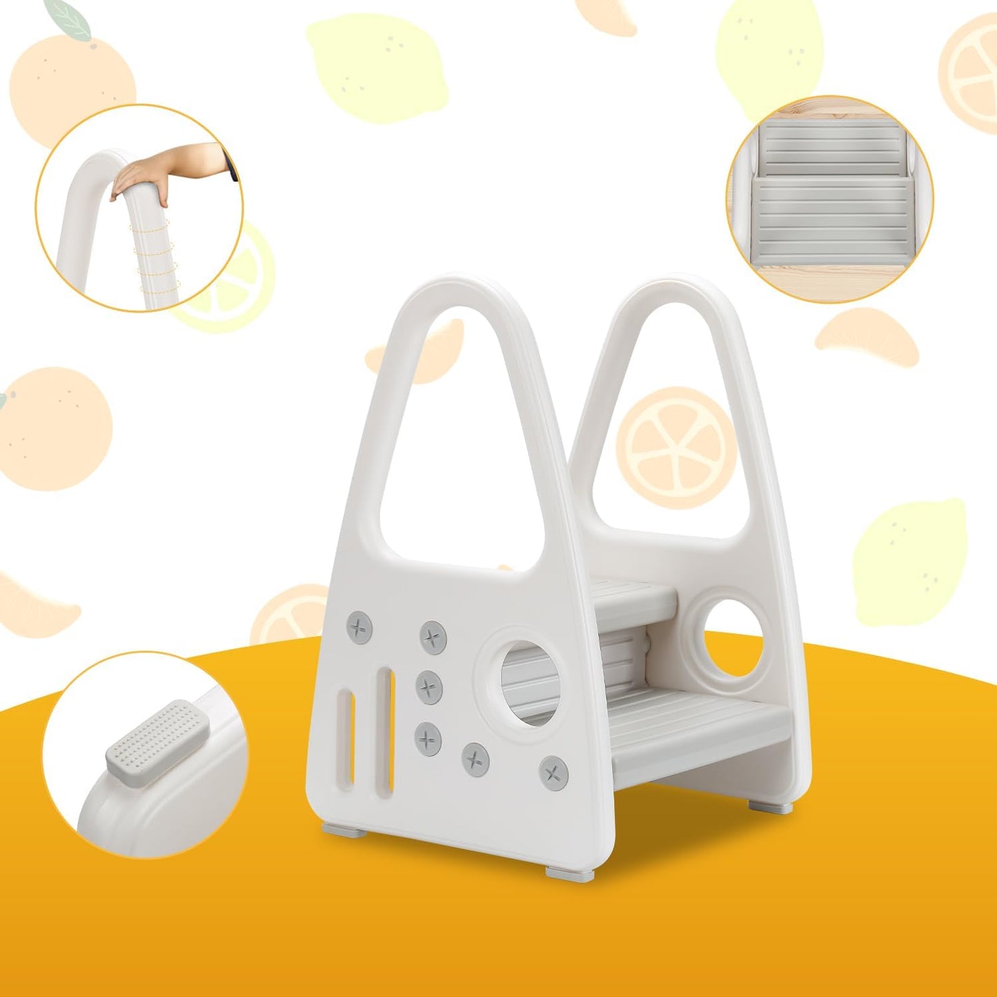 Goluckyin Step stool Two-step step stool for children from approx. 1 to approx. 8 years Children's stool With comfortable handrail Anti-slip stepladder learning tower for kitchen Non-slip