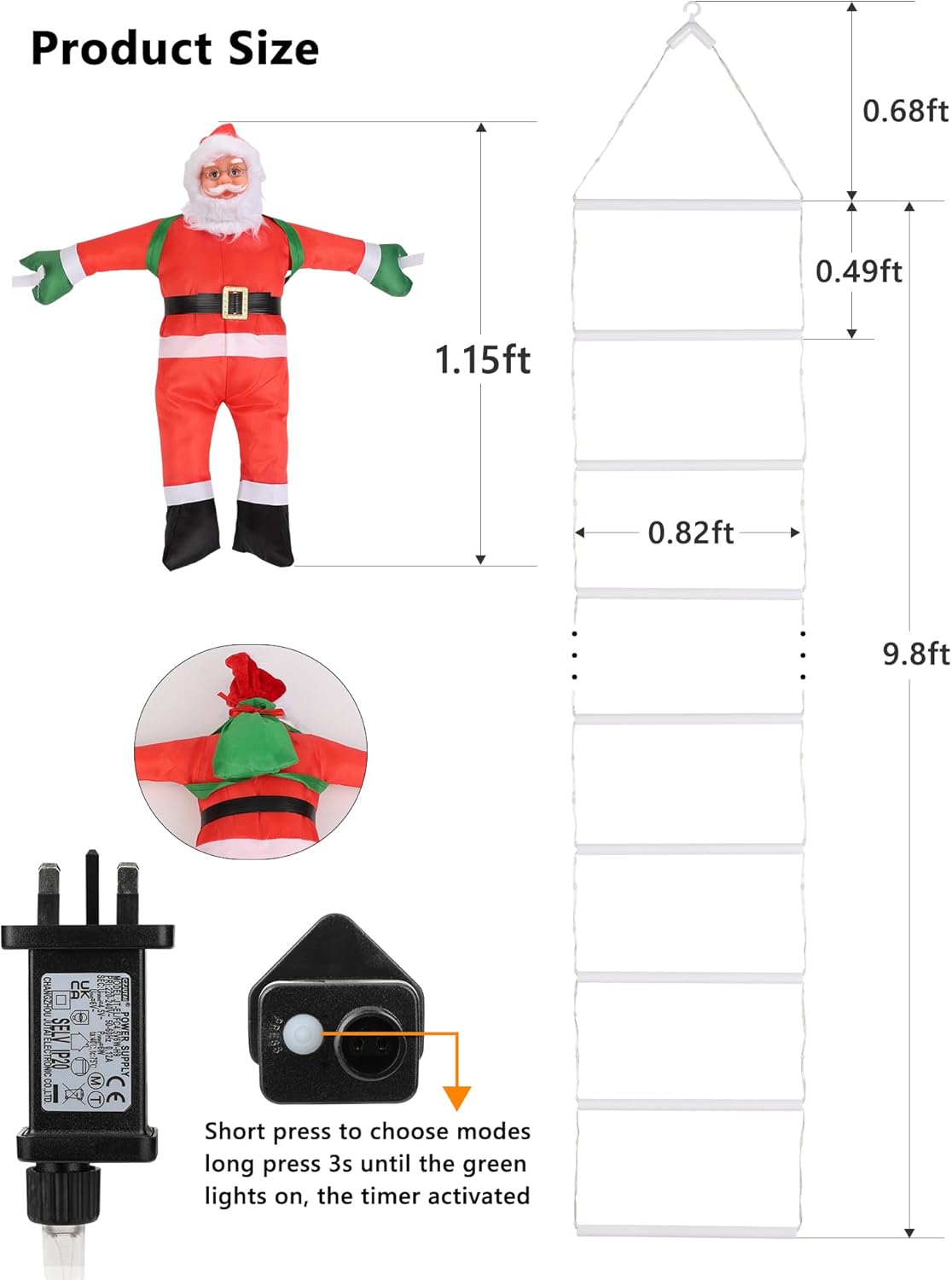 9.9Ft Christmas Ladder Lights with Santa Claus - 338 LED Christmas Lights, Plastic, 8 Modes, Timer Memory Function, Mains Powered, Indoor/Outdoor Garden & Xmas Tree Decorations (Warm White)