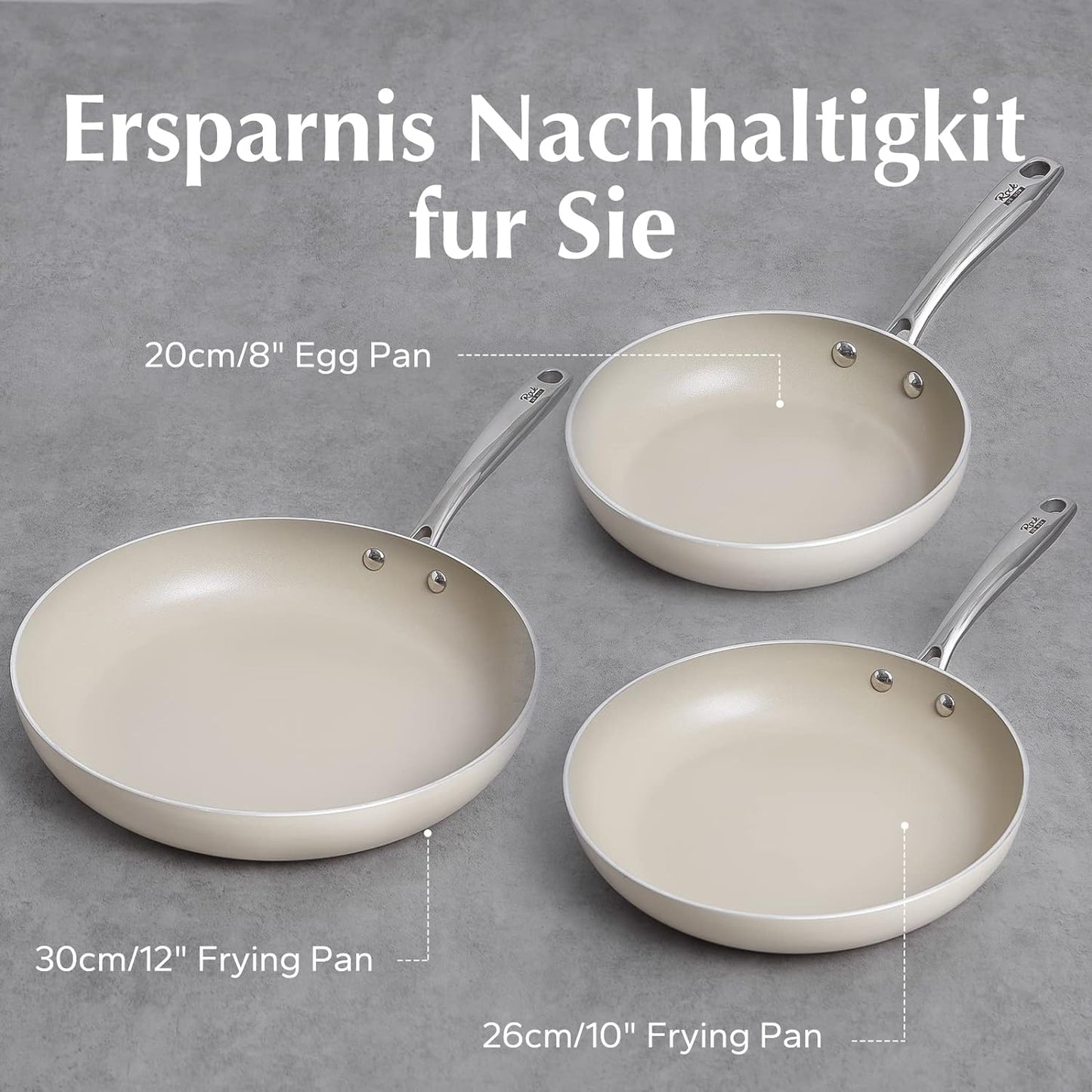 Ceramic pan set, 3-piece non-stick frying pans 20/26/30 cm for all types of stoves, ceramic pan PTFE-free PFAS-free PFOA-free, suitable for induction, dishwasher safe (beige)