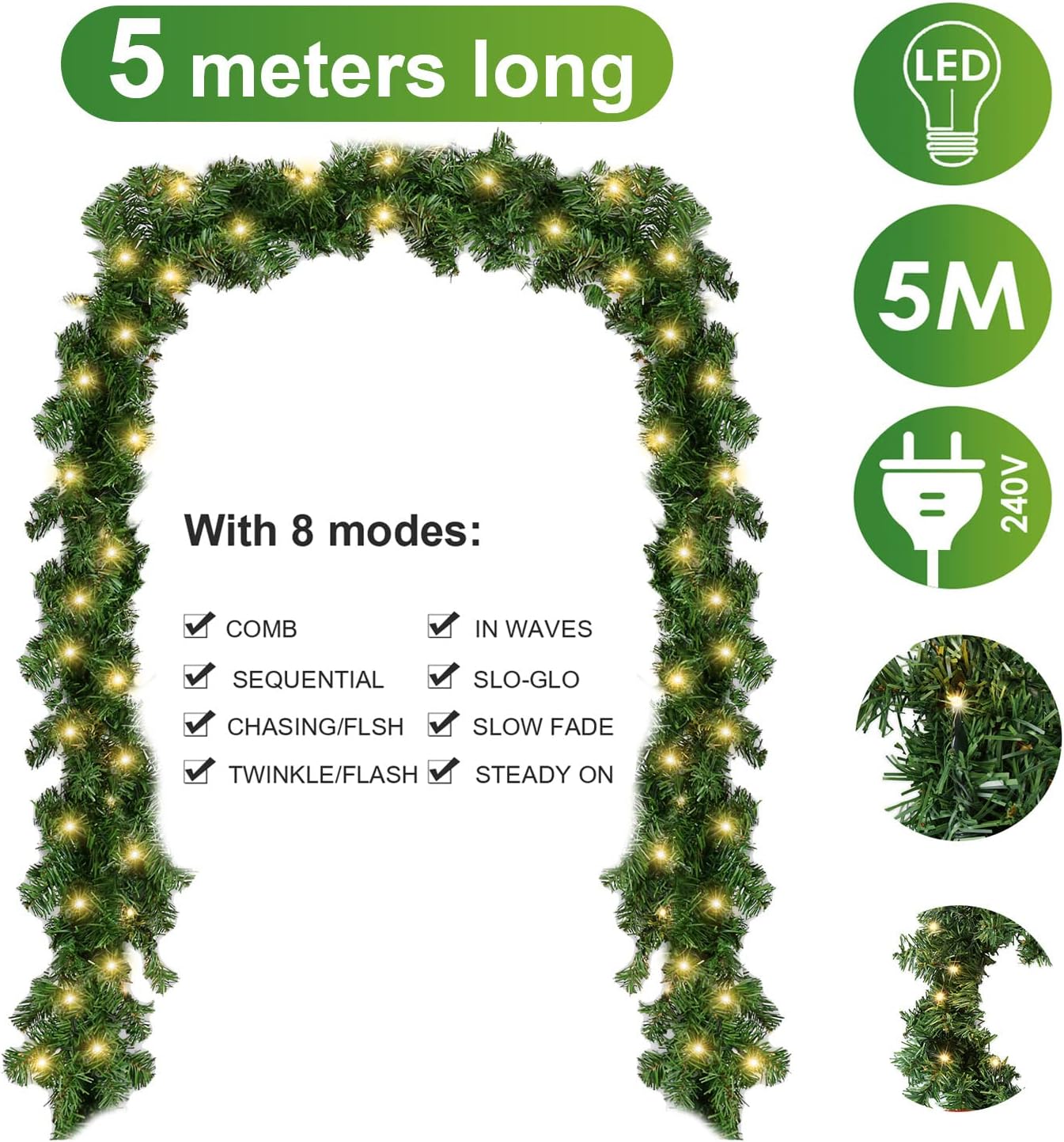 Goluckyin 5m Christmas Garland, Artificial Fir Tree Garland Green with 100 LEDs Warm White 8 Mode Fairy Lights, Christmas Wreath Christmas Decoration for Home Stairs Fireplace Front Door Indoor Outdoor