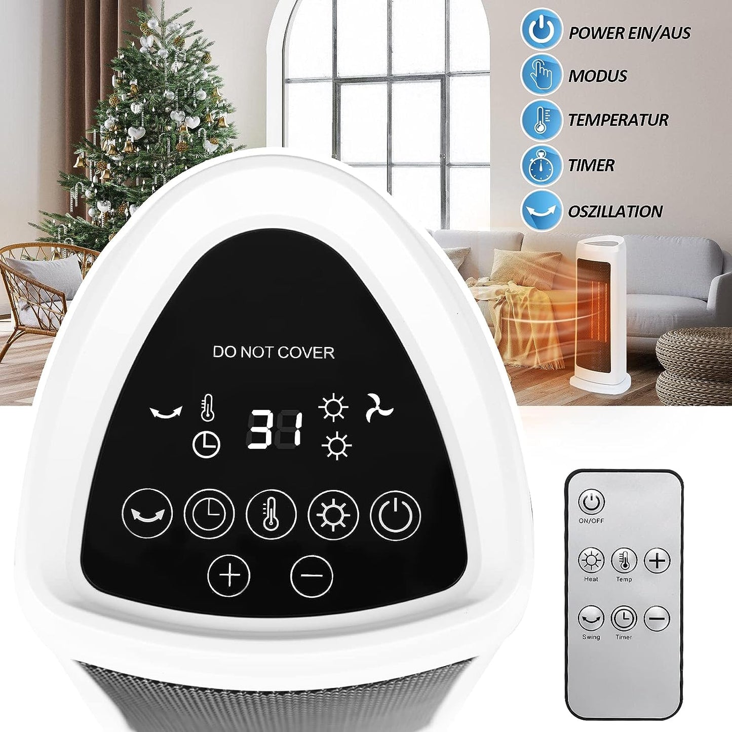 Goluckyin 2000W Ceramic Fan Heater with Remote Control, Energy Saving Fan Heater with Auto Oscillation, Portable Heater with 3 Modes, 12H Timer, Overheat Protection for Office, Patio