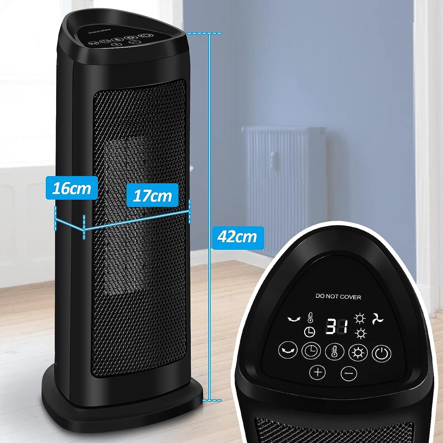 Goluckyin 2000W Ceramic Fan Heater with Remote Control, Energy Saving Fan Heater with Auto Oscillation, Portable Heater with 3 Modes, 12H Timer, Overheat Protection for Office, Patio