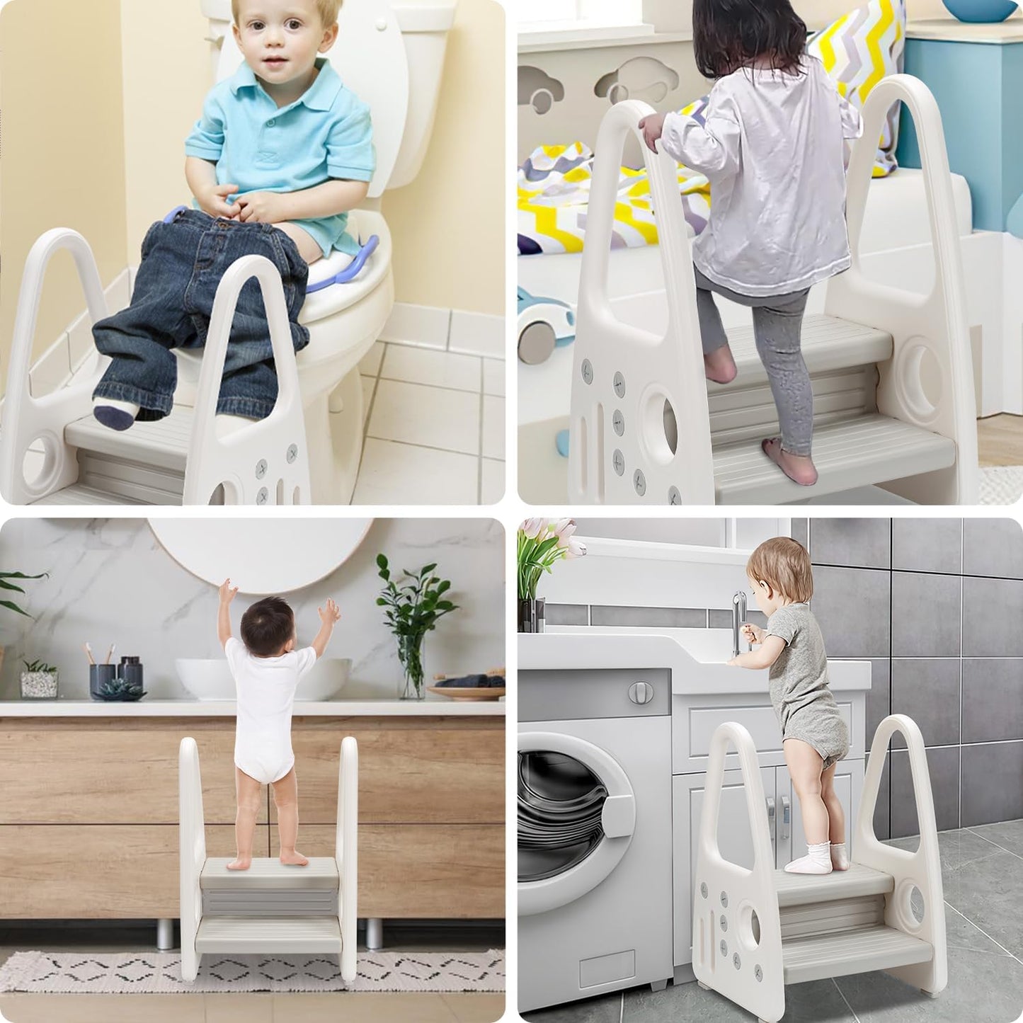Goluckyin Step stool Two-step step stool for children from approx. 1 to approx. 8 years Children's stool With comfortable handrail Anti-slip stepladder learning tower for kitchen Non-slip