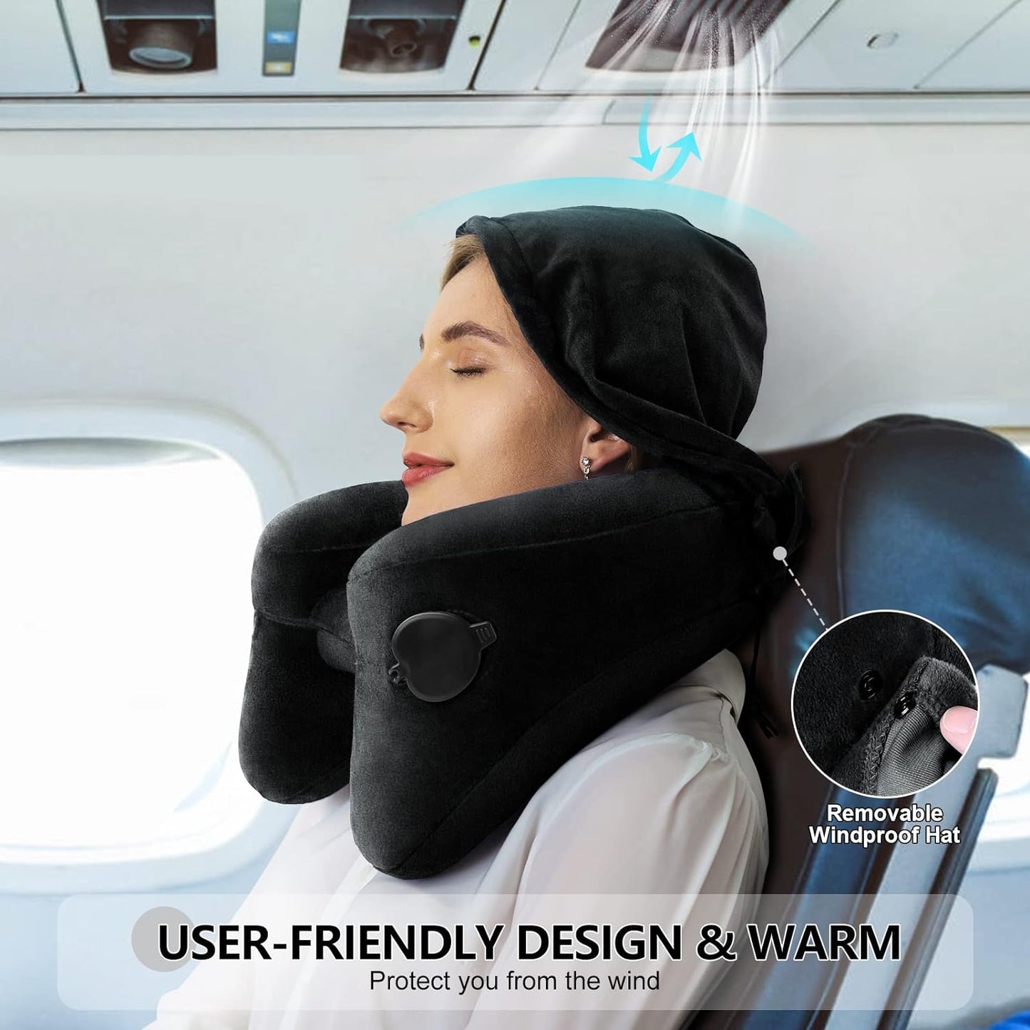 Inflatable Neck Pillow for Airplane Travel with Hoodie, Portable Neck Support for Long Haul Flights Sleeping Napping, with Soft Velour Cover Hat, Travelling Sleep Essentials for Plane Car Train