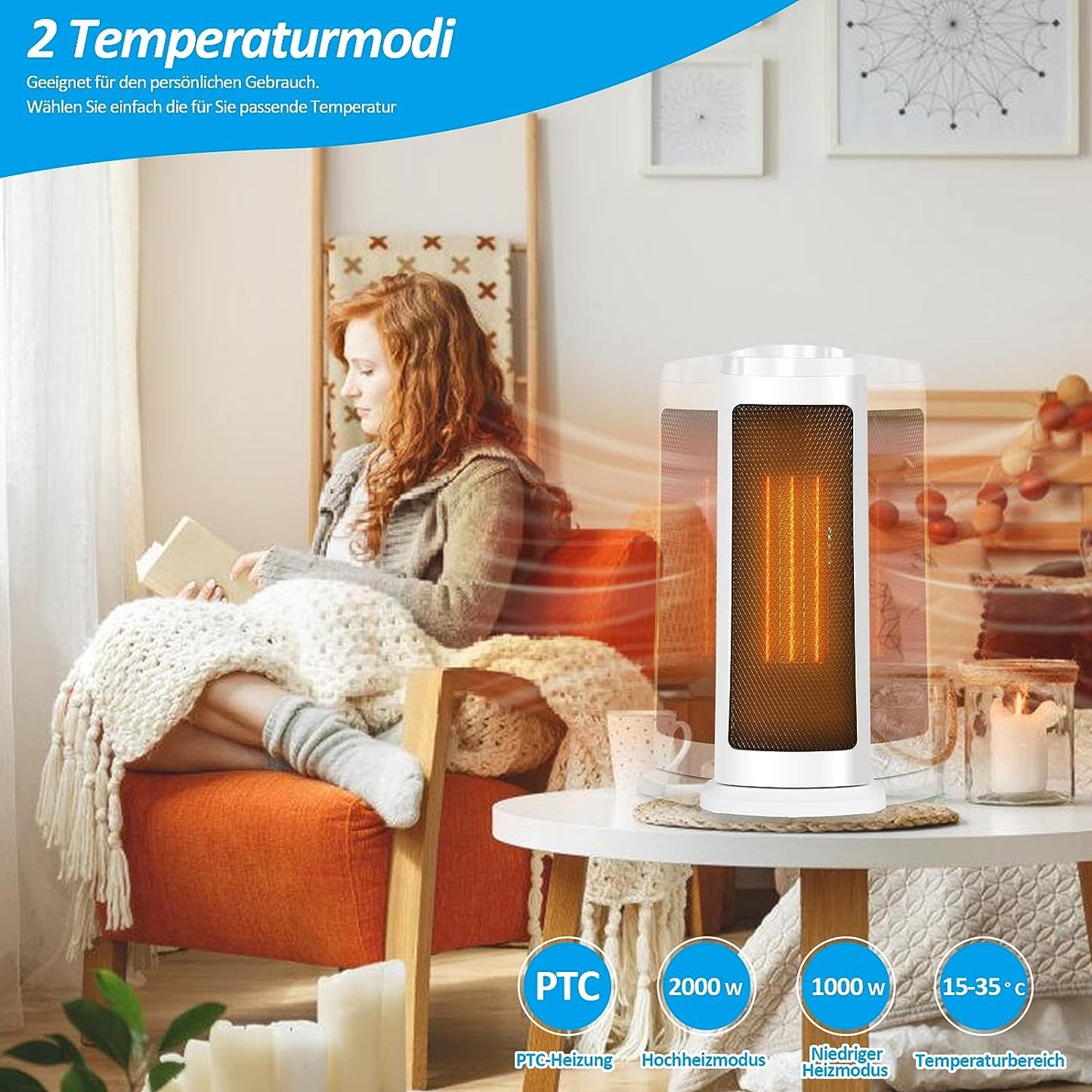 Goluckyin 2000W Ceramic Fan Heater with Remote Control, Energy Saving Fan Heater with Auto Oscillation, Portable Heater with 3 Modes, 12H Timer, Overheat Protection for Office, Patio