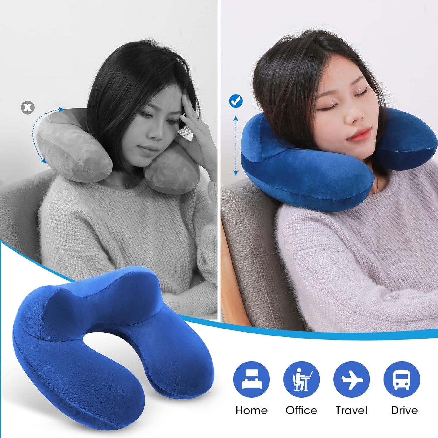 Neck Pillow Inflatable for Airplane Camping Trains and Cars with Blindfold Earplugs, Portable Travel Pillow, Neck Pillow Airplane Inflatable Set of 2