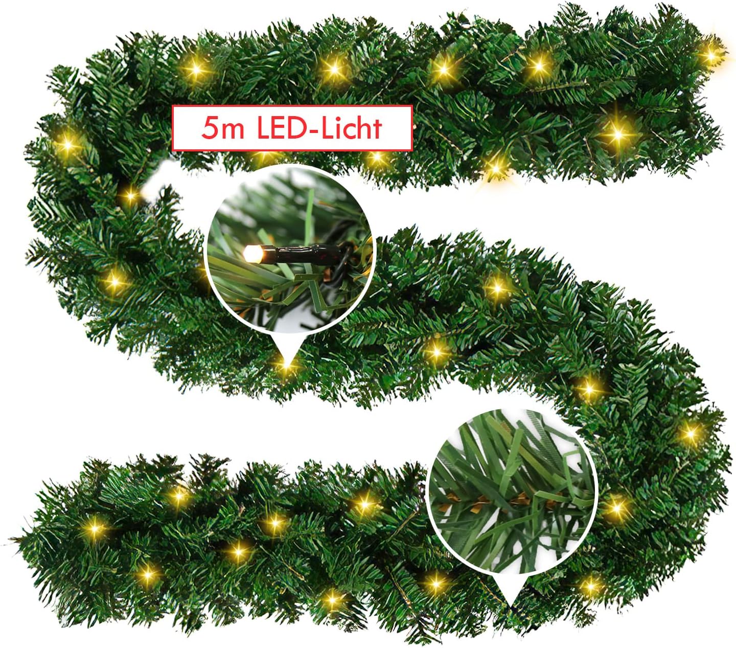 Goluckyin 5m Christmas Garland, Artificial Fir Tree Garland Green with 100 LEDs Warm White 8 Mode Fairy Lights, Christmas Wreath Christmas Decoration for Home Stairs Fireplace Front Door Indoor Outdoor