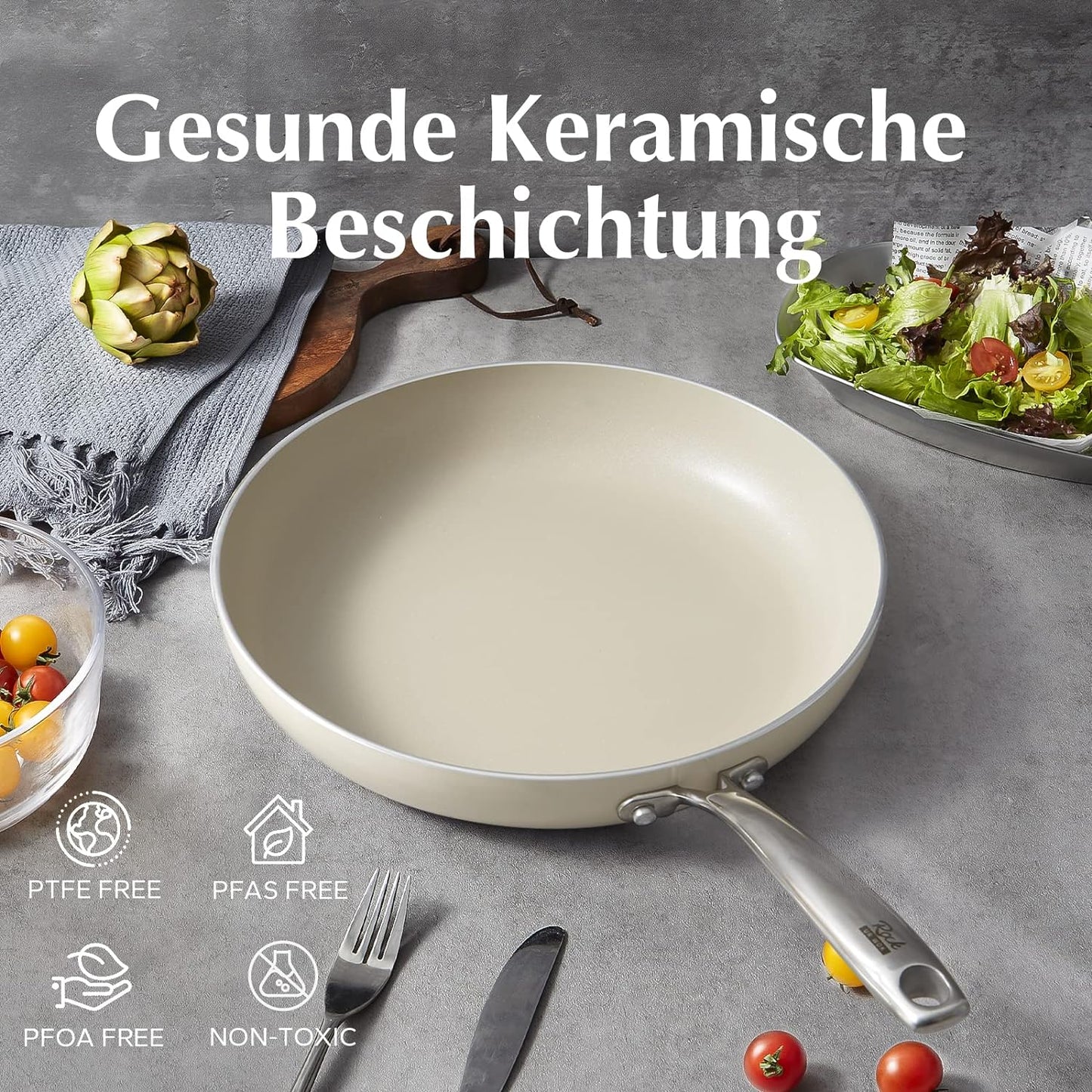 Ceramic pan set, 3-piece non-stick frying pans 20/26/30 cm for all types of stoves, ceramic pan PTFE-free PFAS-free PFOA-free, suitable for induction, dishwasher safe (beige)
