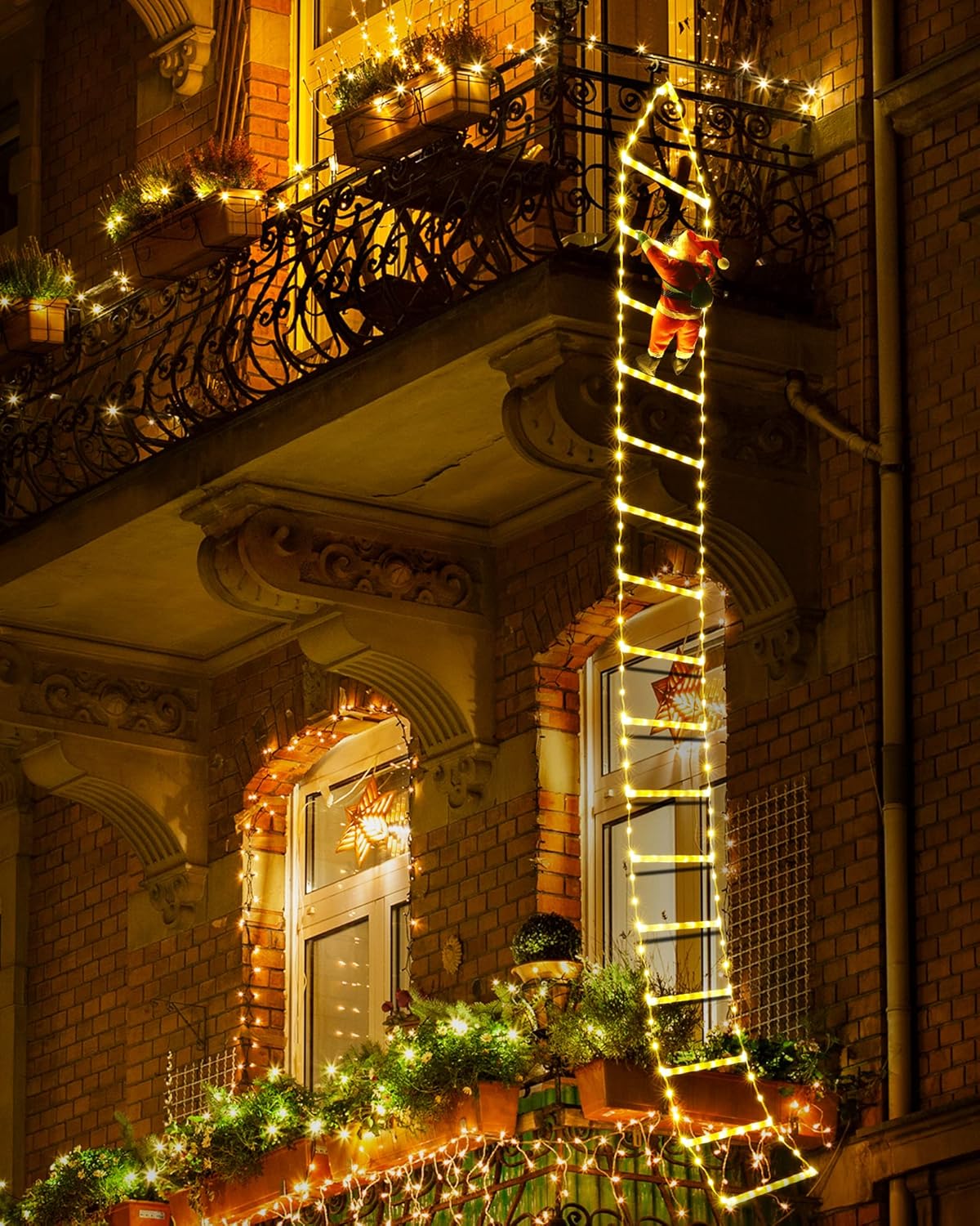 9.9Ft Christmas Ladder Lights with Santa Claus - 338 LED Christmas Lights, Plastic, 8 Modes, Timer Memory Function, Mains Powered, Indoor/Outdoor Garden & Xmas Tree Decorations (Warm White)