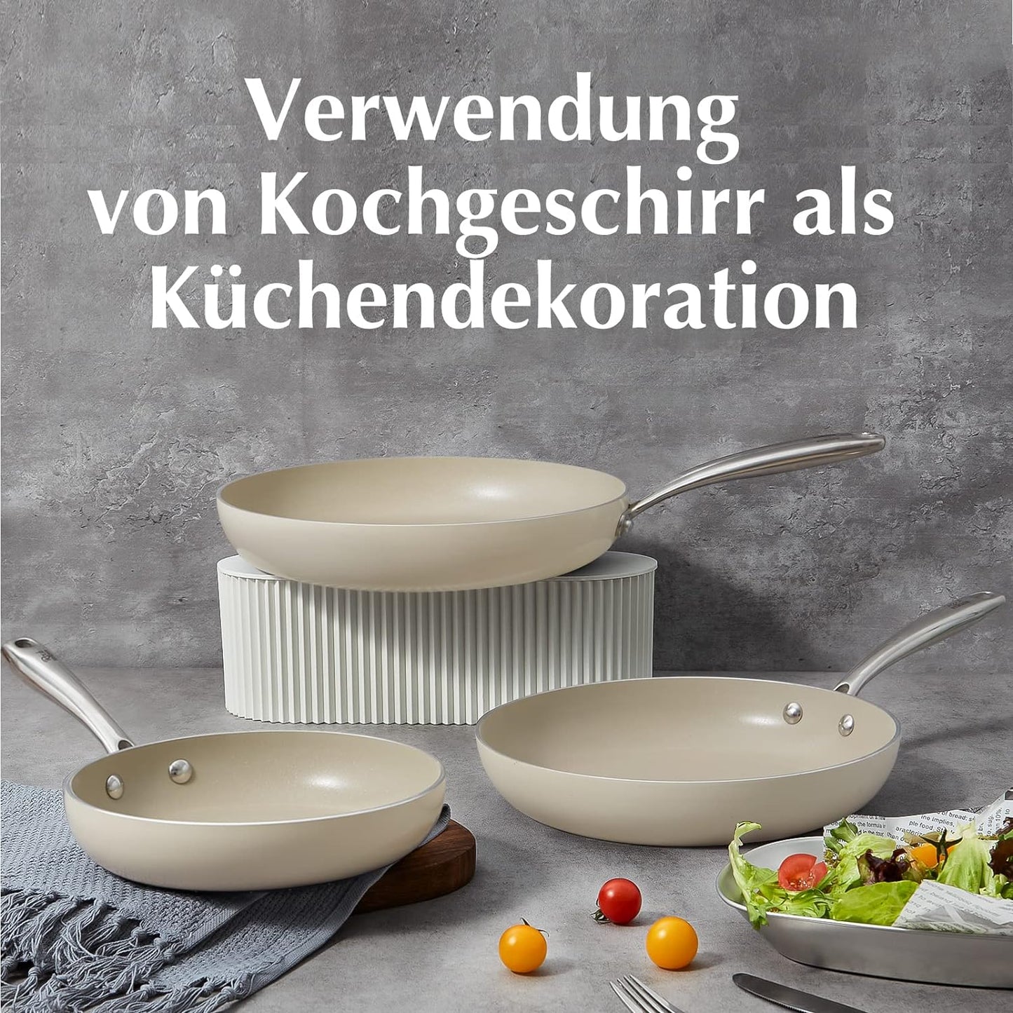Ceramic pan set, 3-piece non-stick frying pans 20/26/30 cm for all types of stoves, ceramic pan PTFE-free PFAS-free PFOA-free, suitable for induction, dishwasher safe (beige)