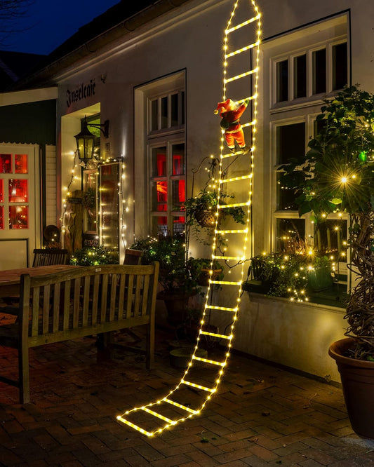 9.9Ft Christmas Ladder Lights with Santa Claus - 338 LED Christmas Lights, Plastic, 8 Modes, Timer Memory Function, Mains Powered, Indoor/Outdoor Garden & Xmas Tree Decorations (Warm White)