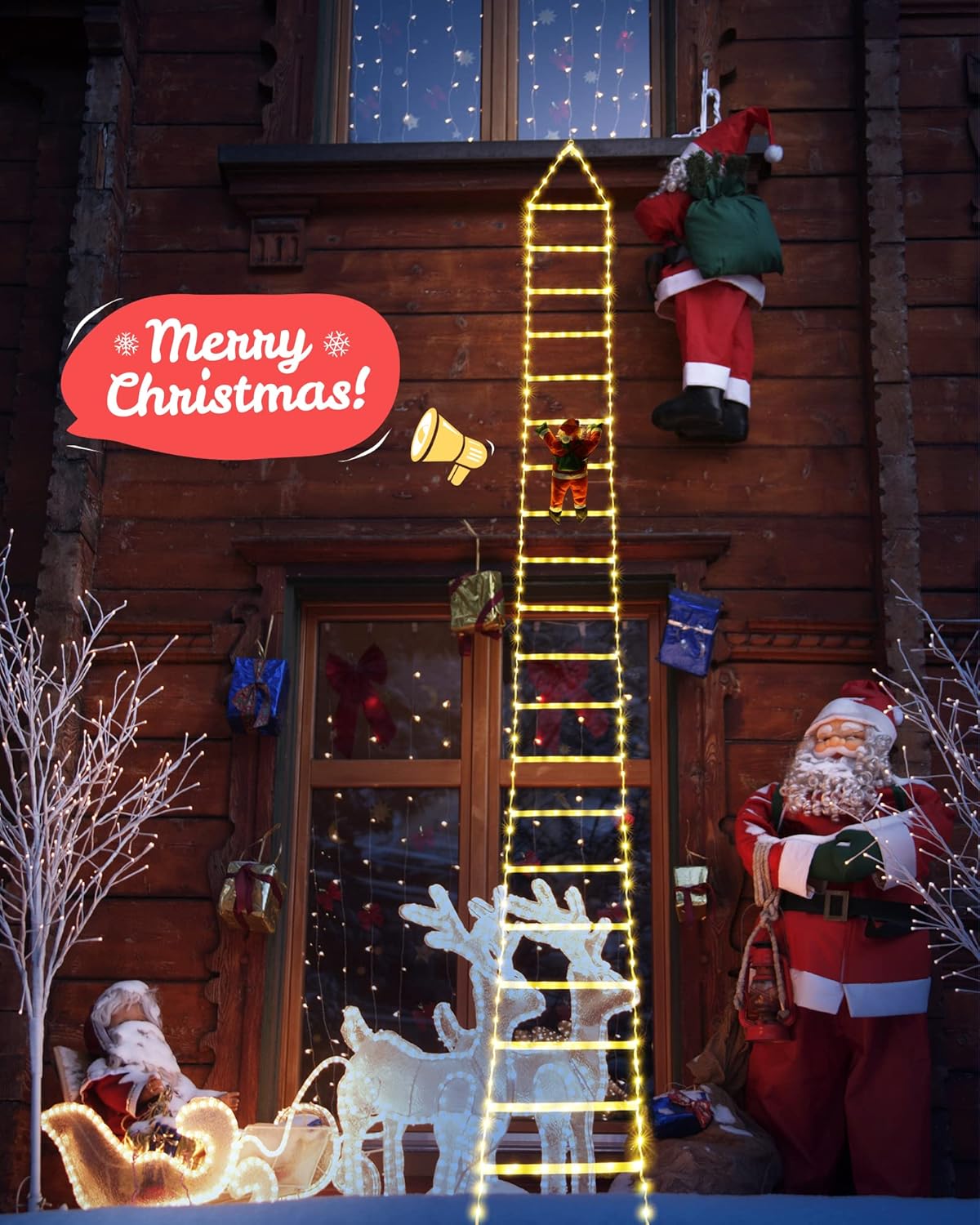9.9Ft Christmas Ladder Lights with Santa Claus - 338 LED Christmas Lights, Plastic, 8 Modes, Timer Memory Function, Mains Powered, Indoor/Outdoor Garden & Xmas Tree Decorations (Warm White)