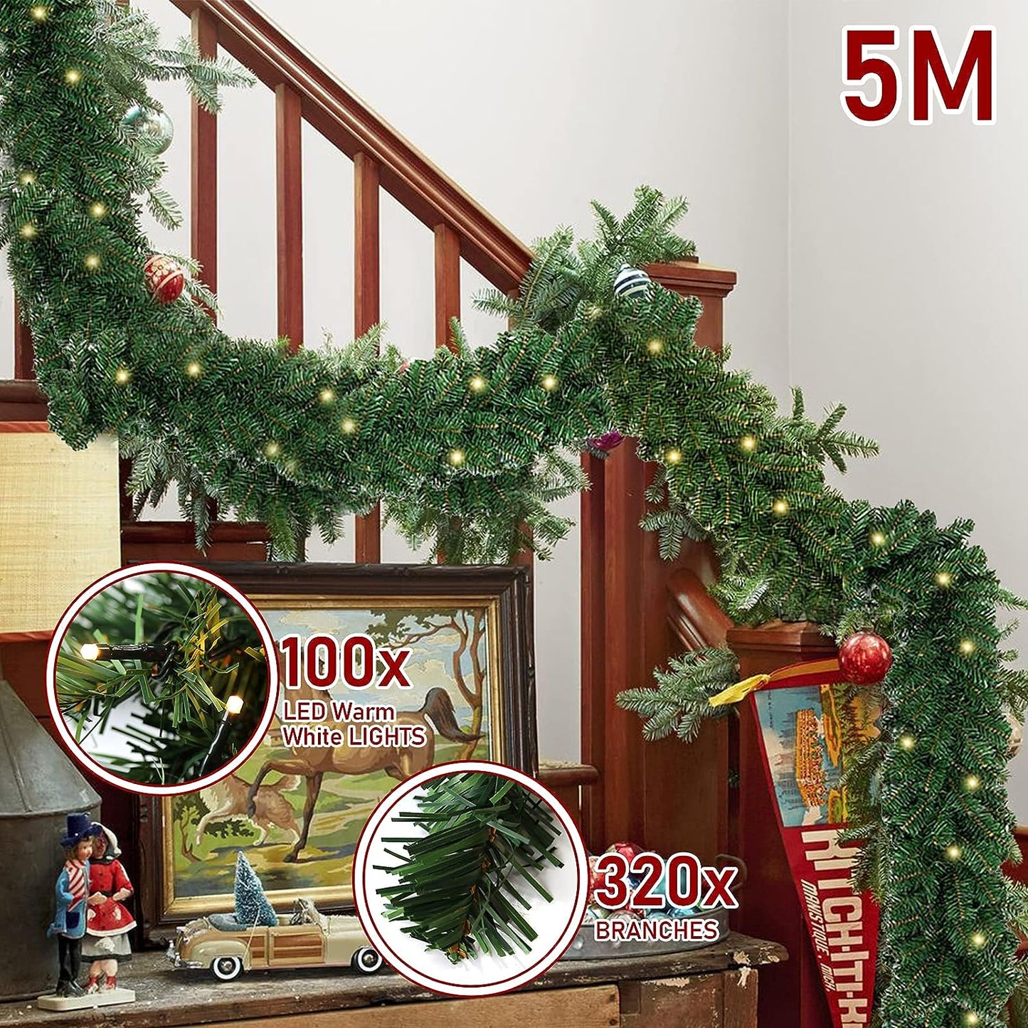 Goluckyin 5m Christmas Garland, Artificial Fir Tree Garland Green with 100 LEDs Warm White 8 Mode Fairy Lights, Christmas Wreath Christmas Decoration for Home Stairs Fireplace Front Door Indoor Outdoor