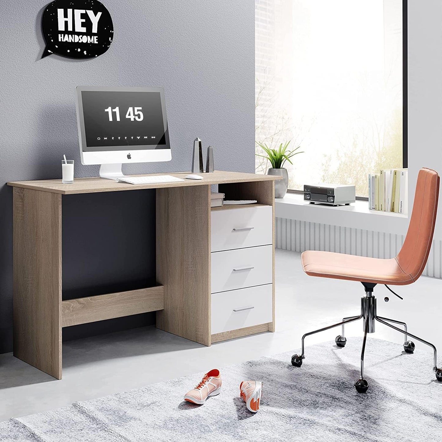Desk made of wood decor with 3 drawers and 1 open compartment, available in Sonoma oak color