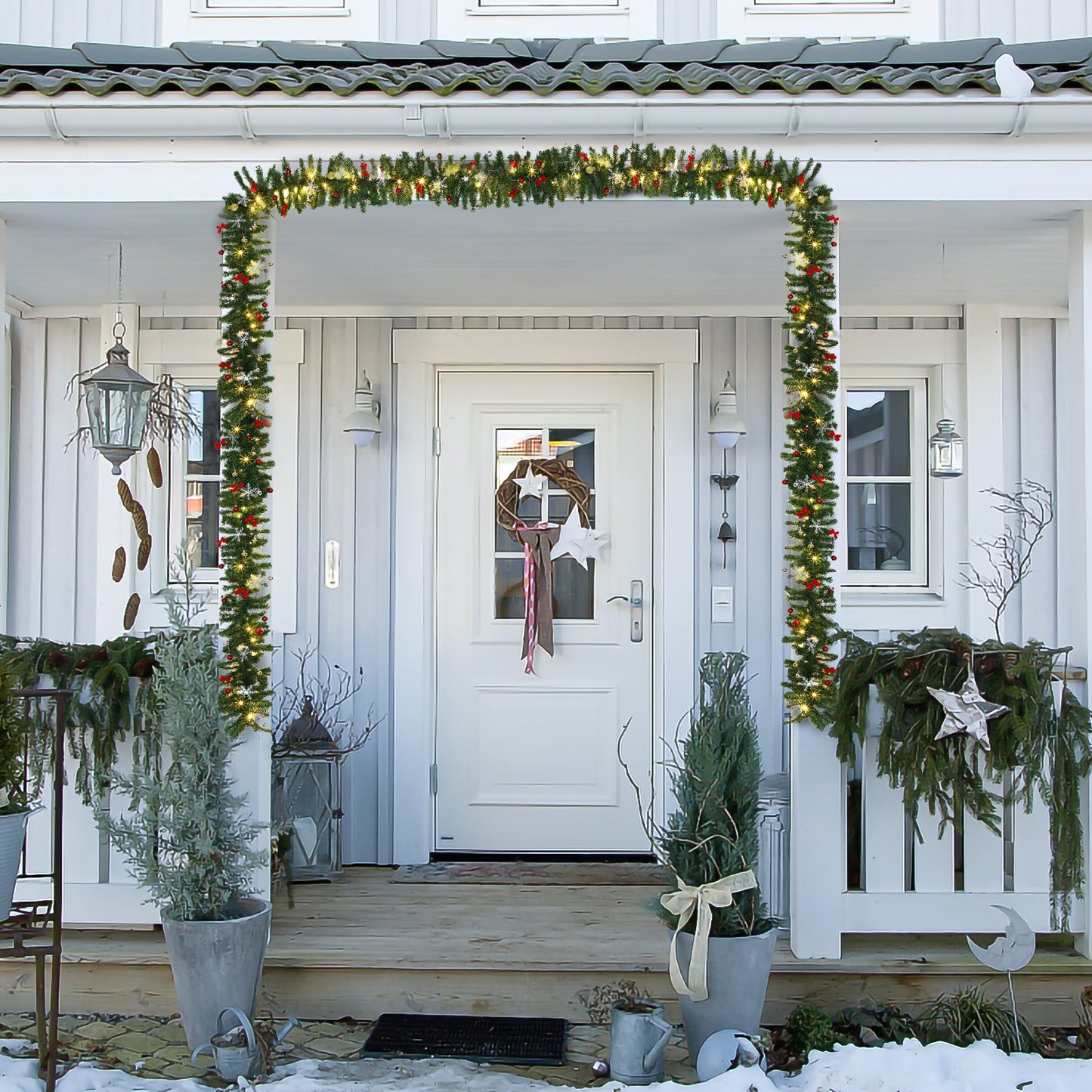 5m Christmas garland with lighting, fir garland artificial 100 LED warm white, IP44 Christmas wreath, garland Christmas decoration for Christmas